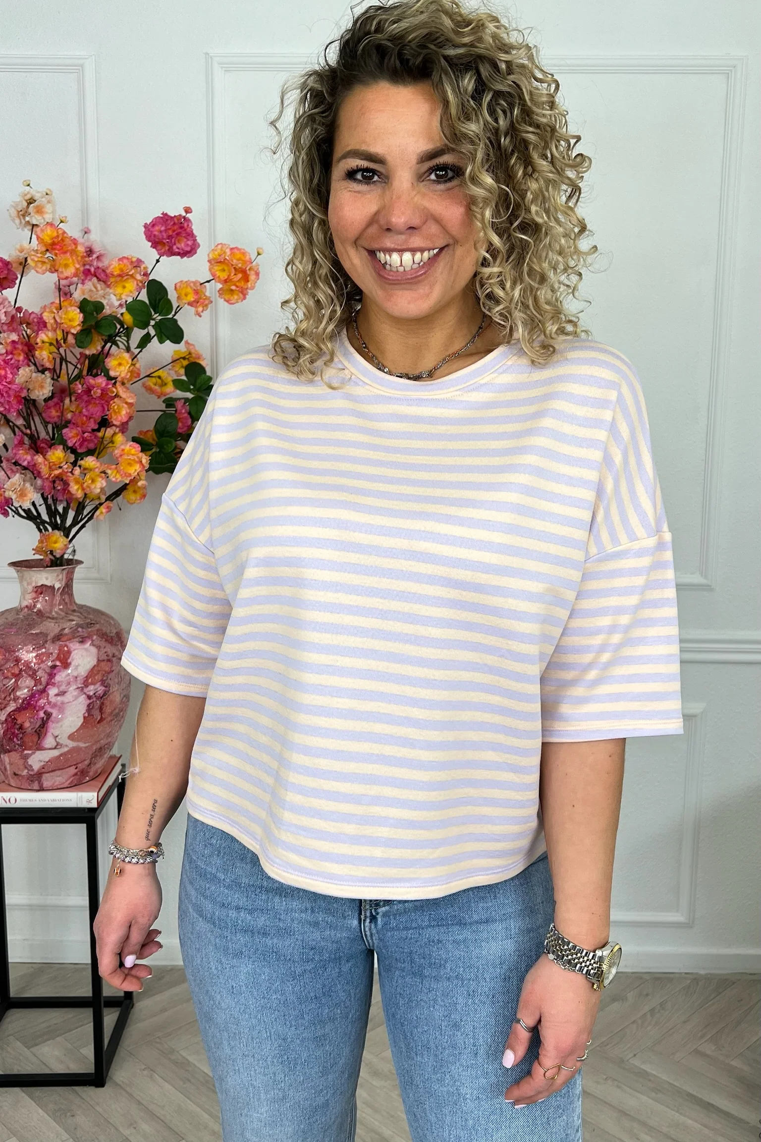 Perfect Short Sleeve Striped Sweater - Lila/Beige - Image 3