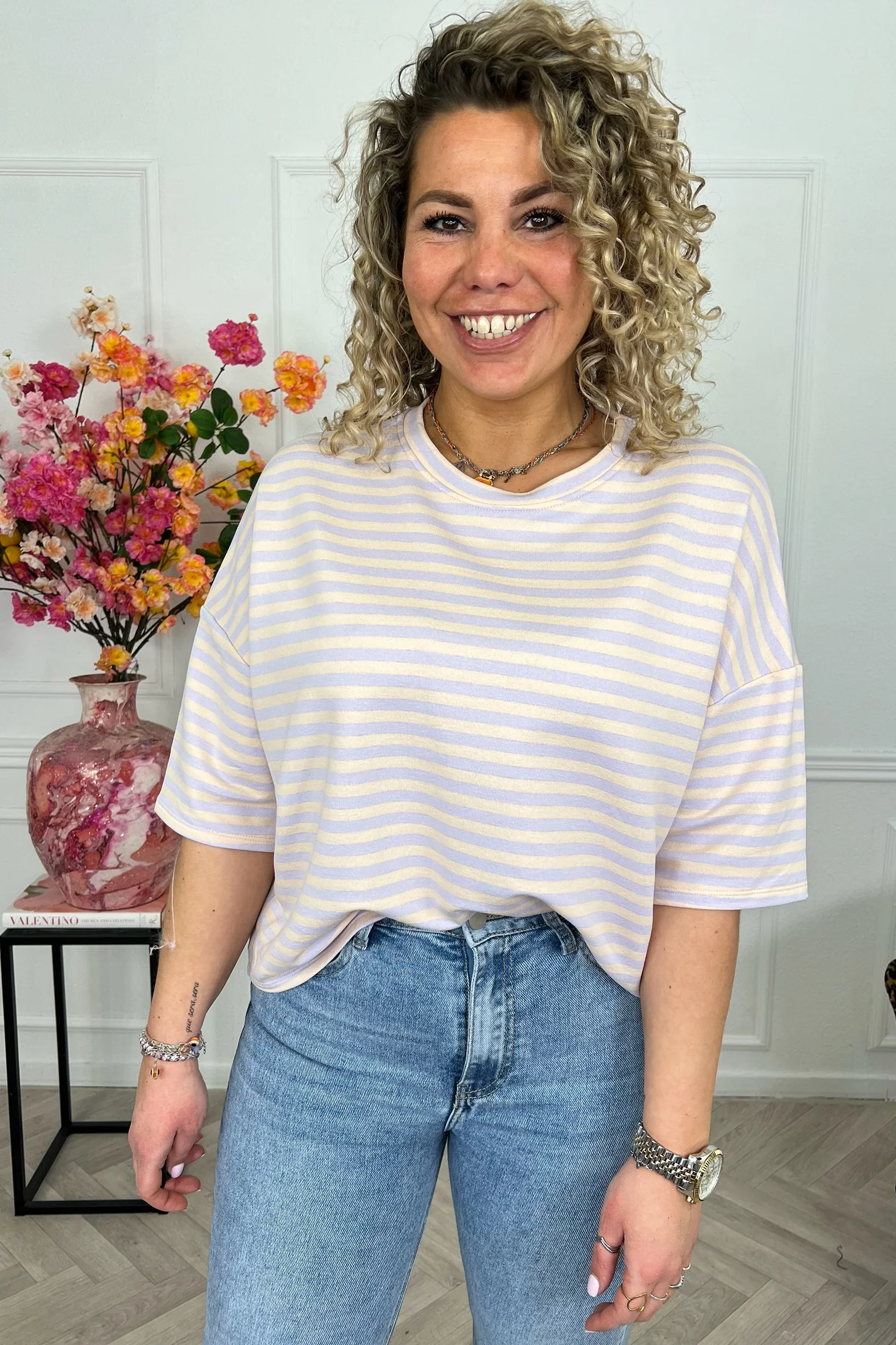 Perfect Short Sleeve Striped Sweater - Lila/Beige - Image 4
