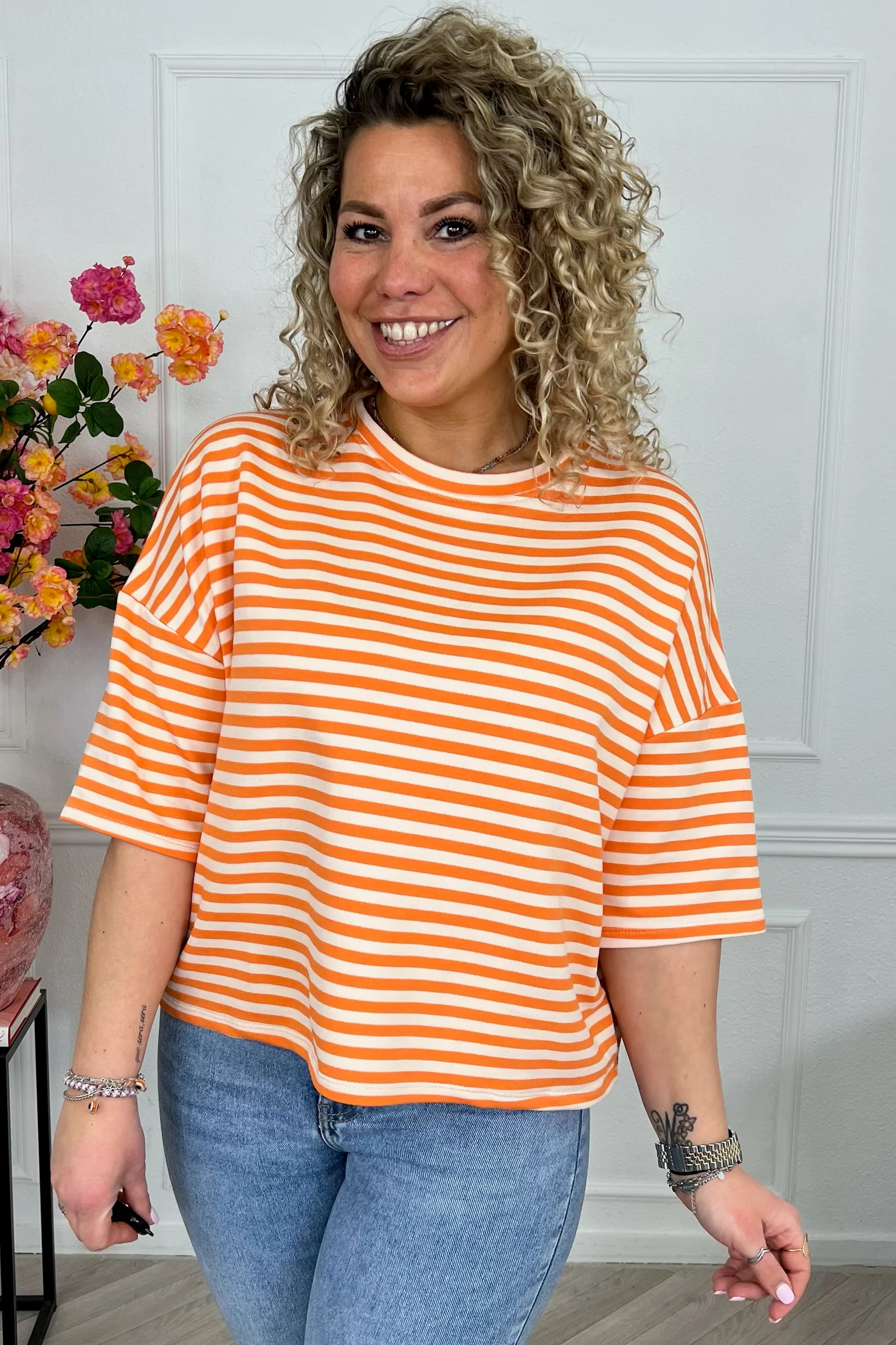 Perfect Short Sleeve Striped Sweater - Orange/Beige - Image 2