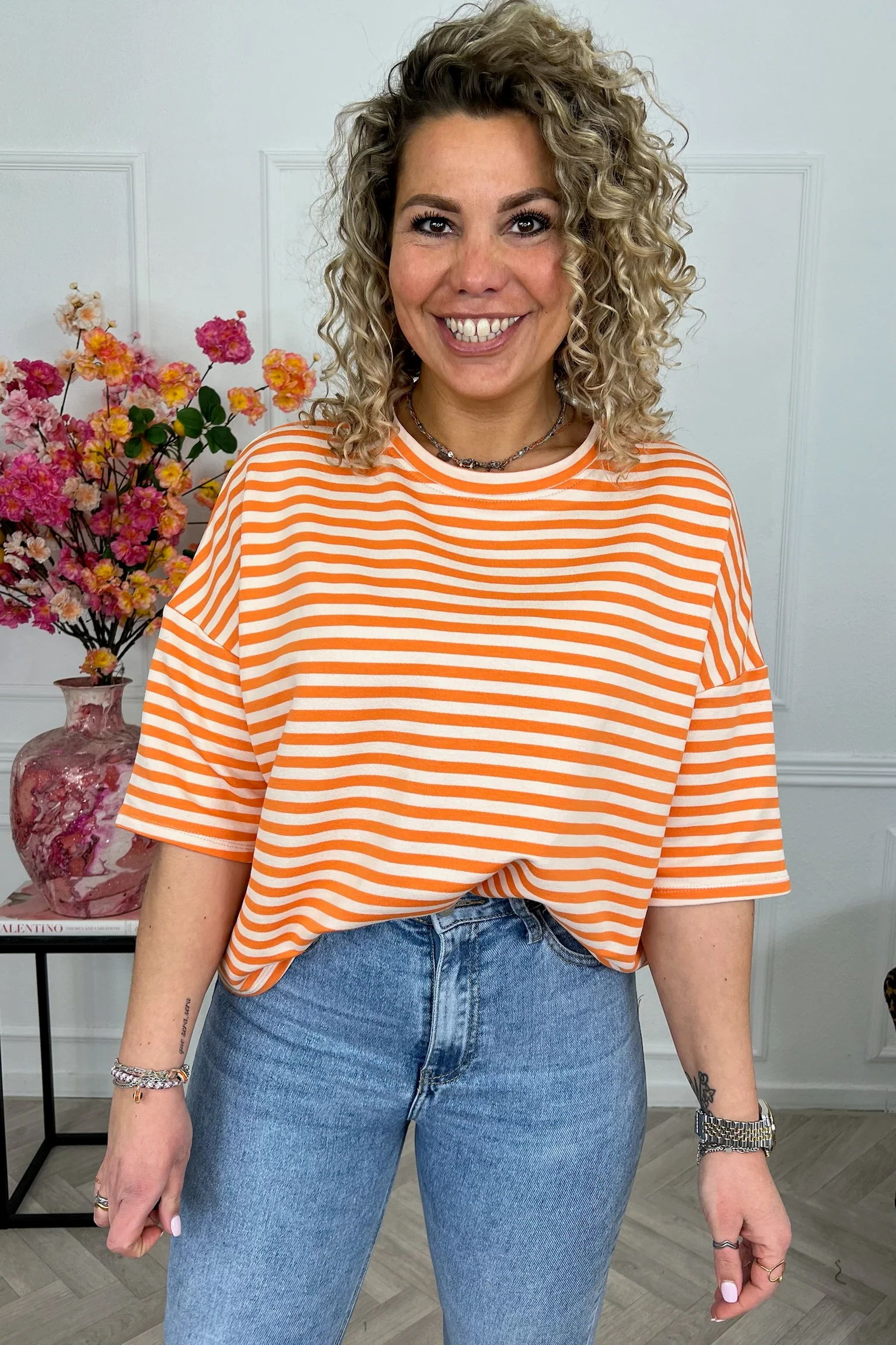 Perfect Short Sleeve Striped Sweater - Orange/Beige - Image 3