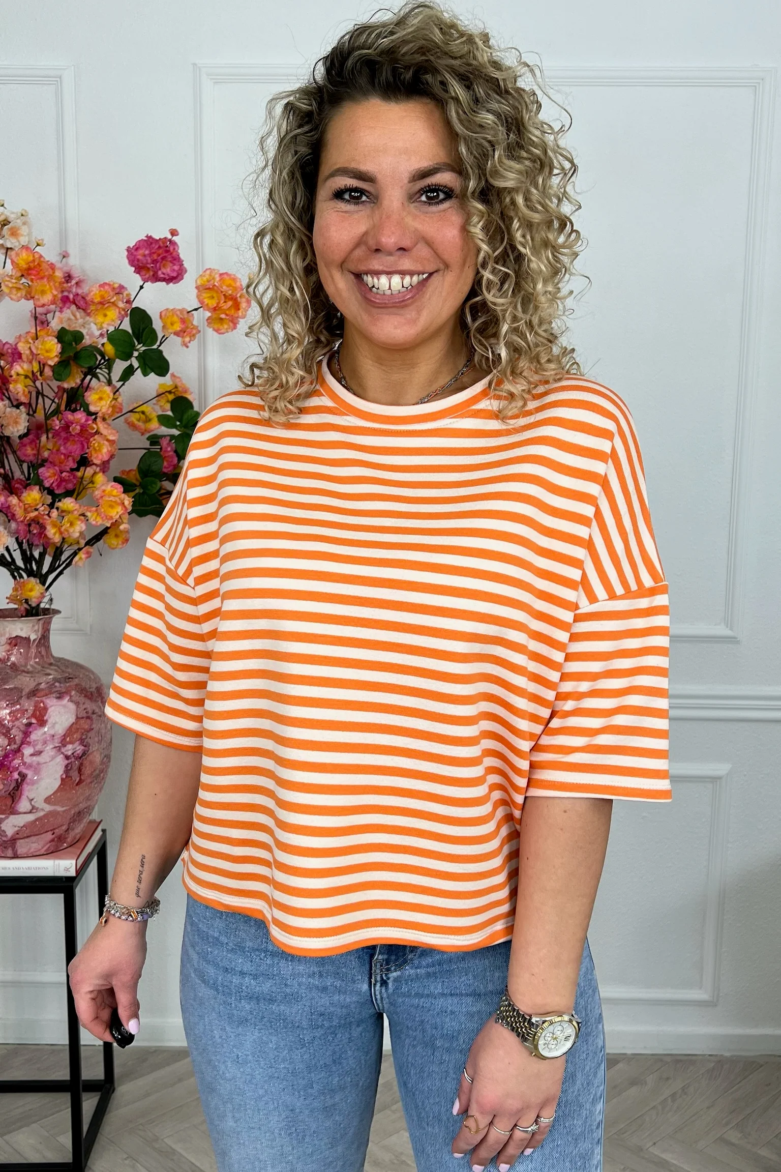 Perfect Short Sleeve Striped Sweater - Orange/Beige - Image 4