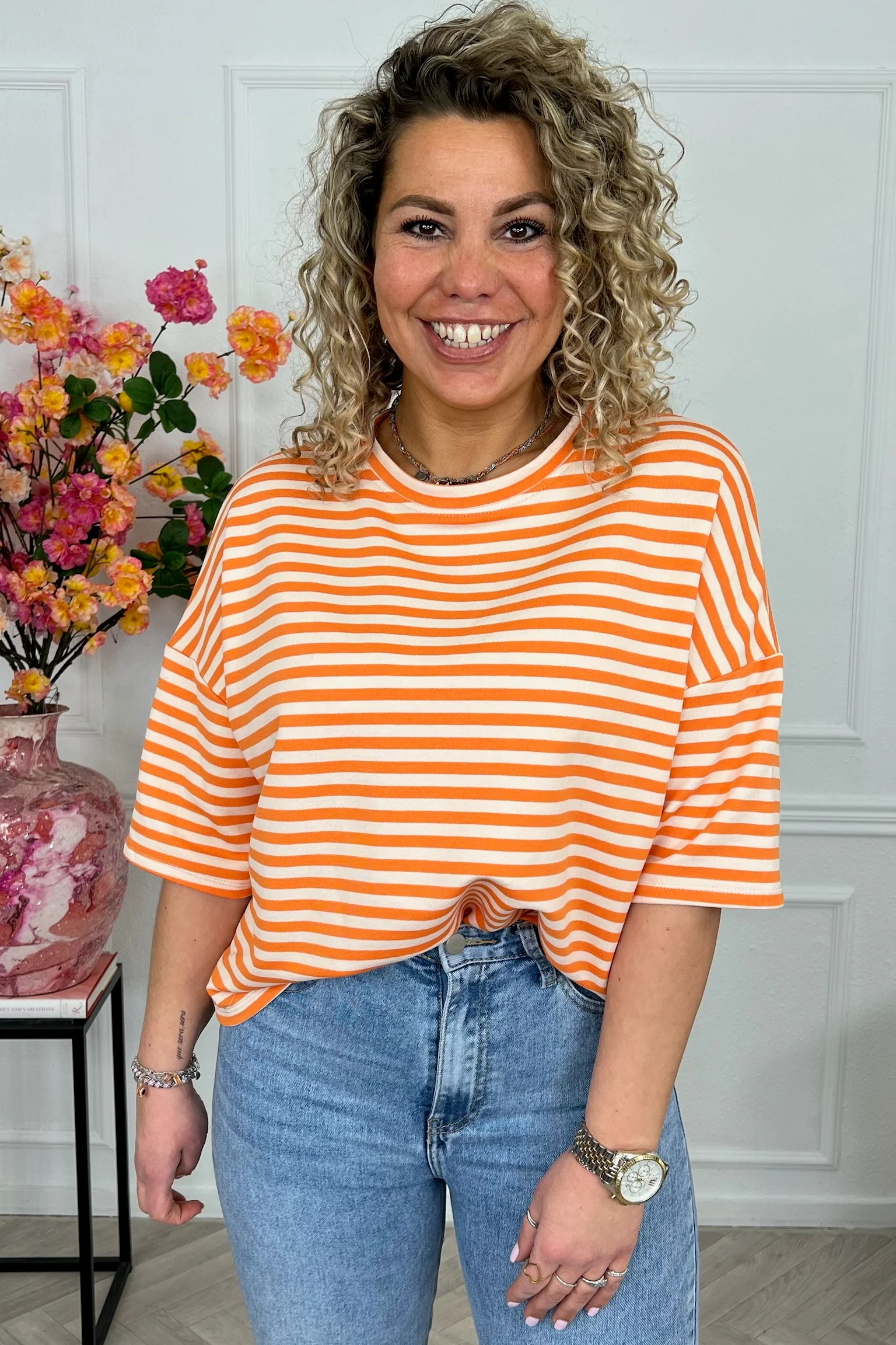 Perfect Short Sleeve Striped Sweater - Orange/Beige - Image 5