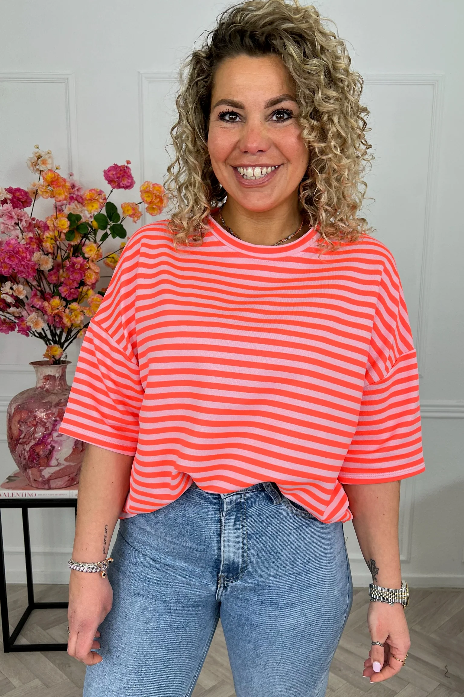 Perfect Short Sleeve Striped Sweater - Orange/Light Pink