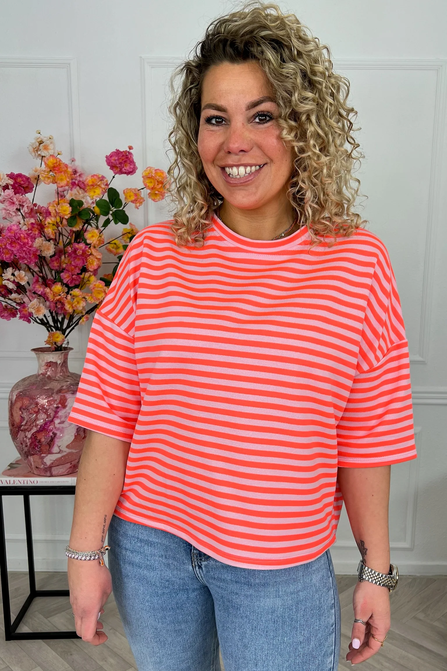 Perfect Short Sleeve Striped Sweater - Orange/Light Pink - Image 2
