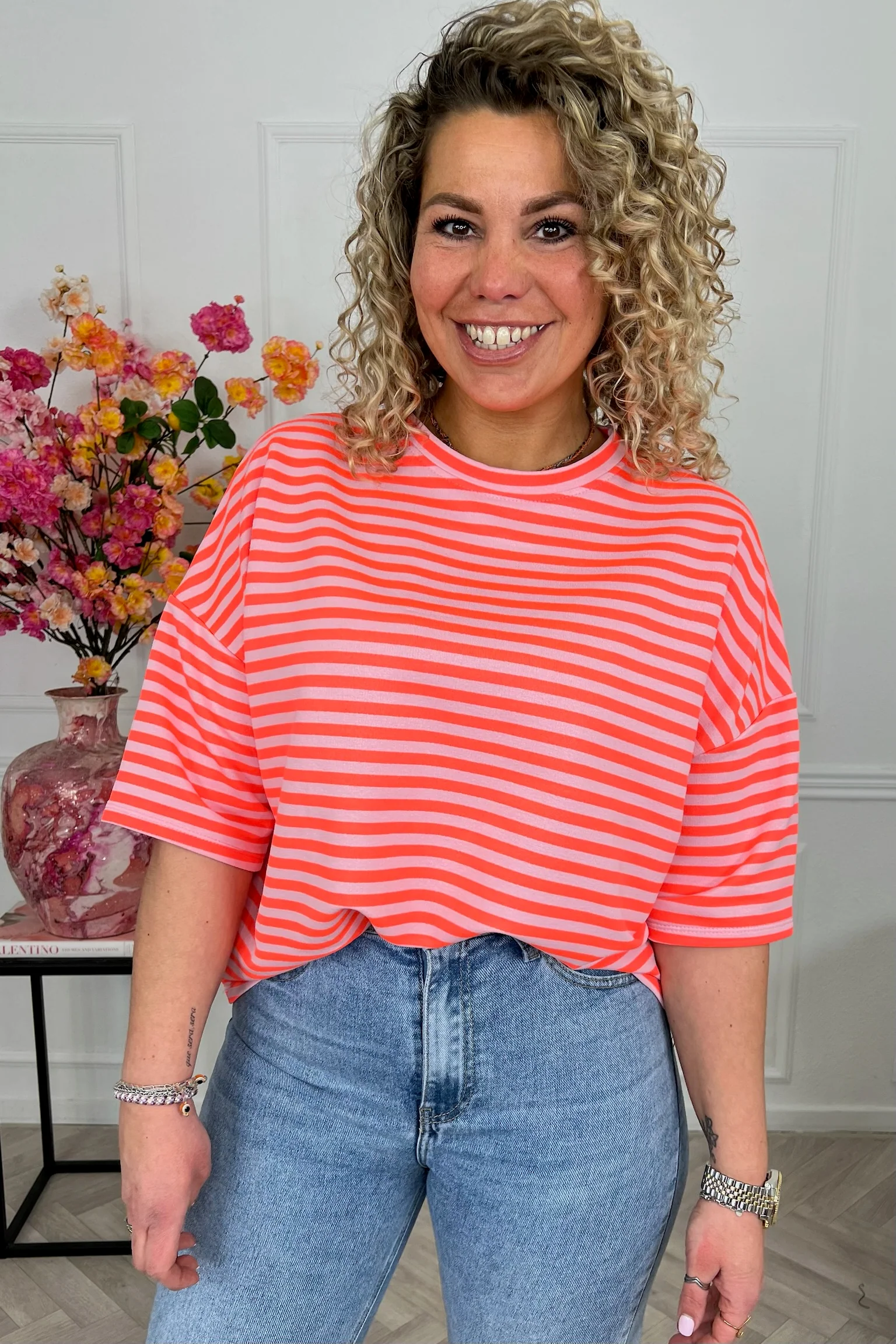 Perfect Short Sleeve Striped Sweater - Orange/Light Pink - Image 3