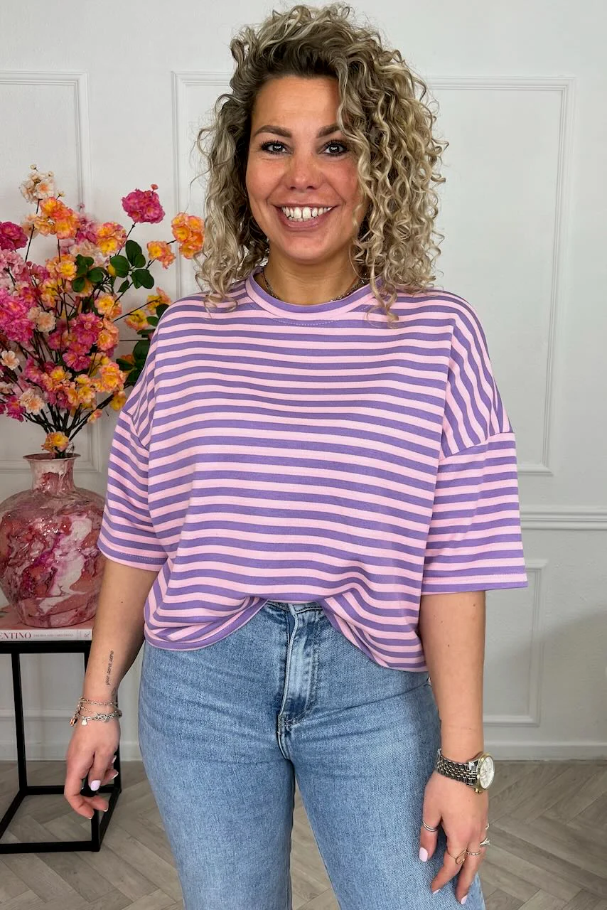 Perfect Short Sleeve Striped Sweater - Pink/Lila - Image 2