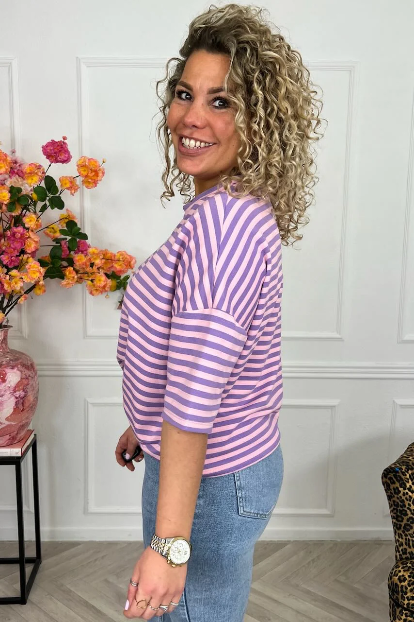 Perfect Short Sleeve Striped Sweater - Pink/Lila - Image 3