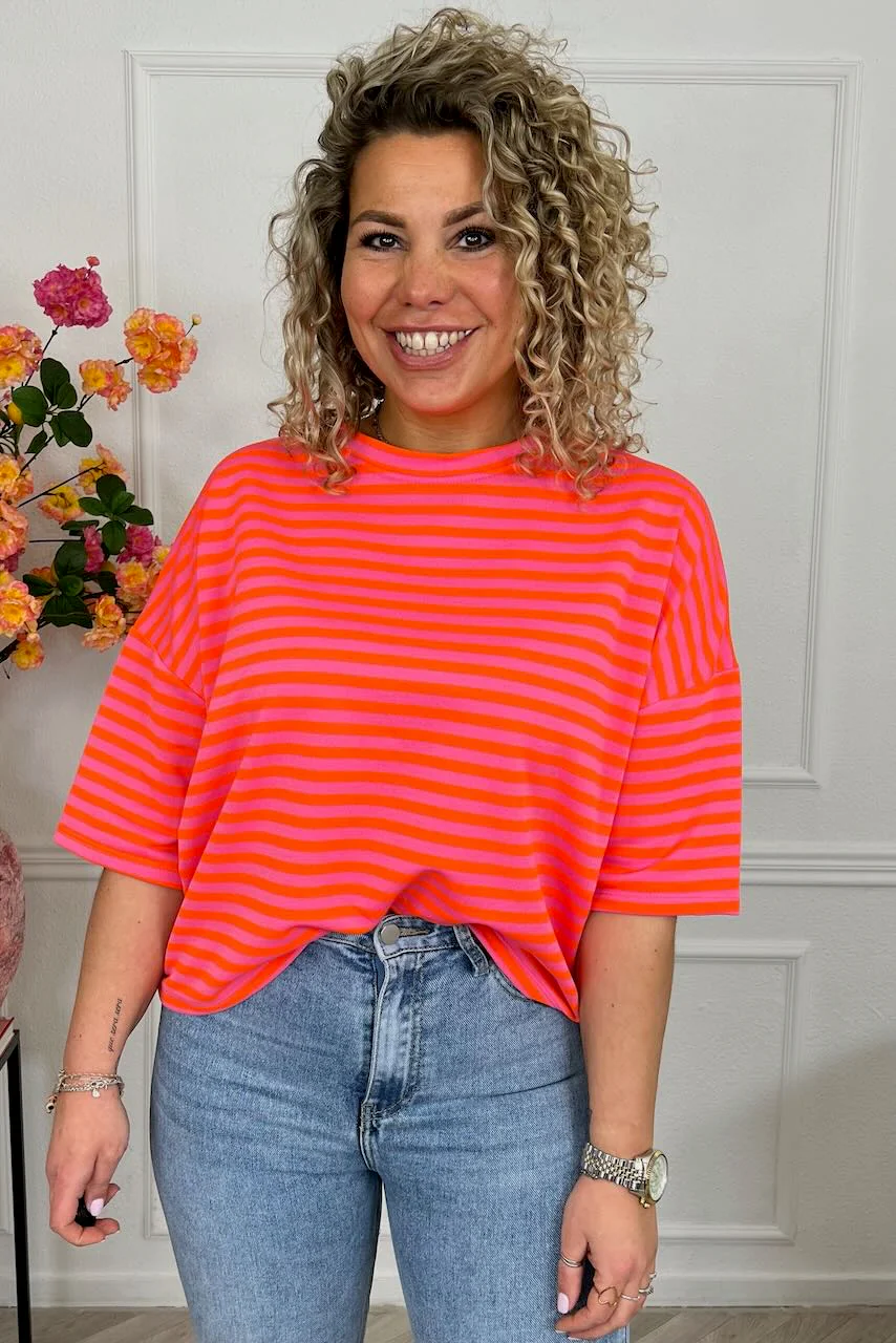 Perfect Short Sleeve Striped Sweater - Pink/Orange