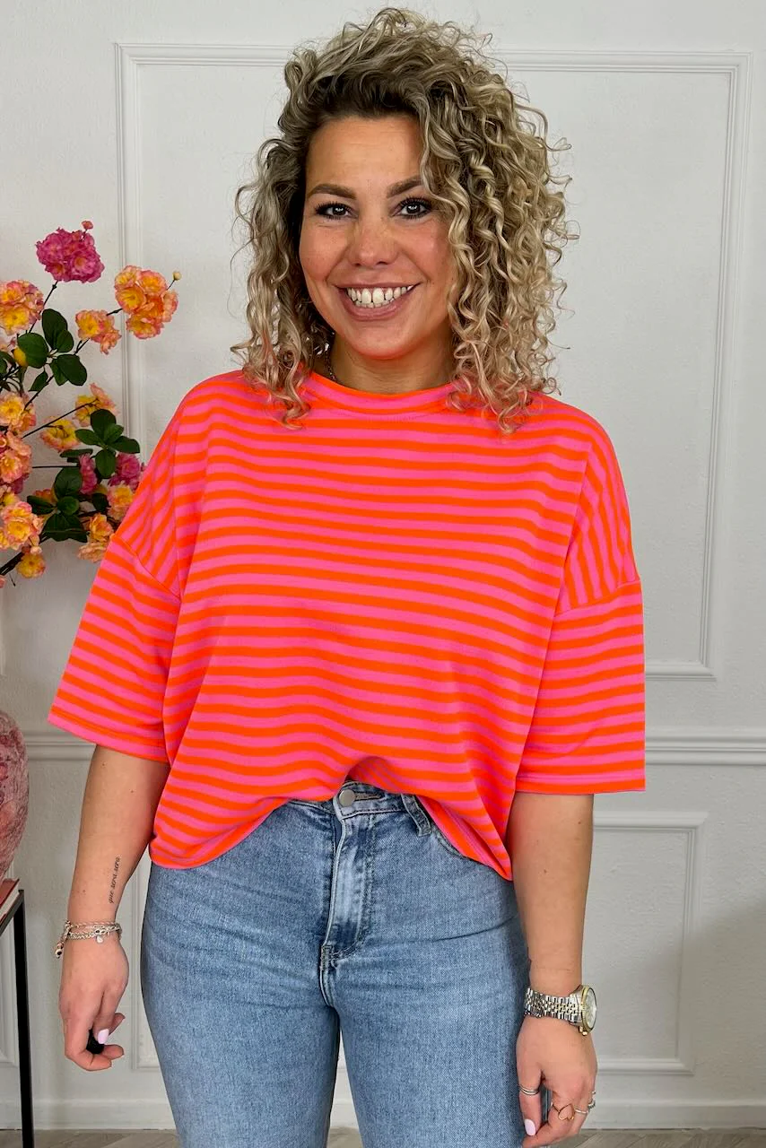 Perfect Short Sleeve Striped Sweater - Pink/Orange - Image 2