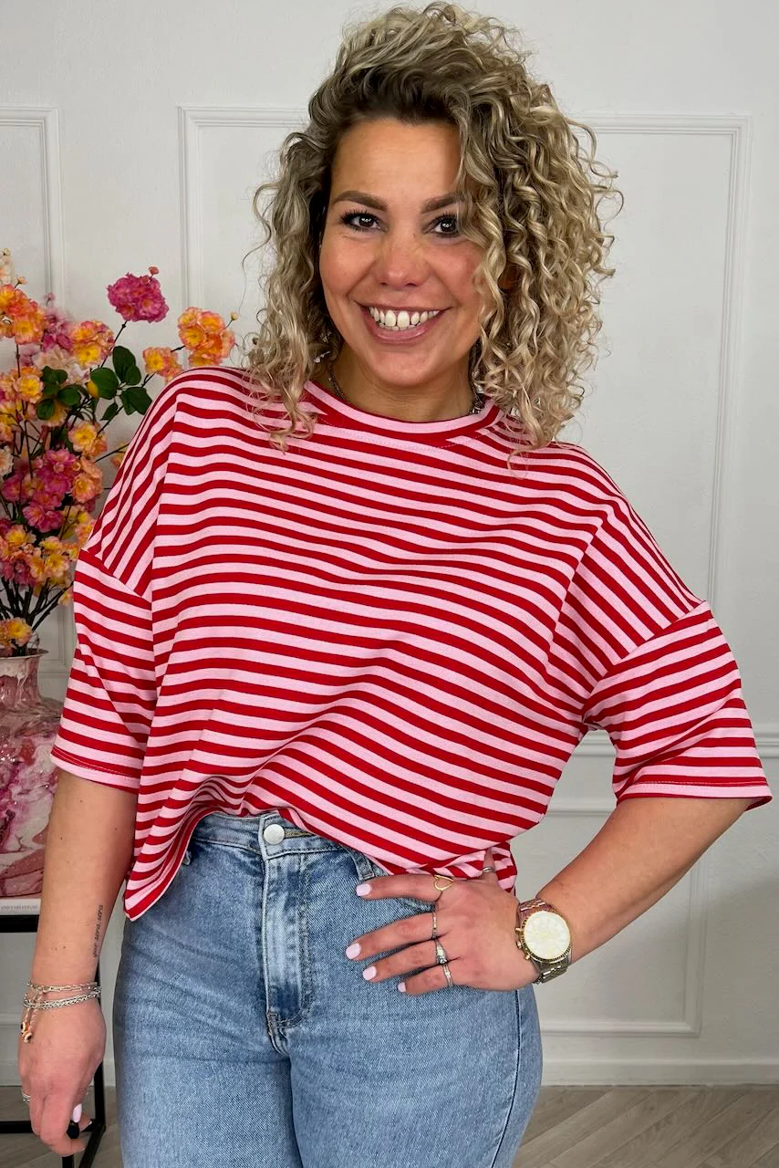 Perfect Short Sleeve Striped Sweater - Red/Pink