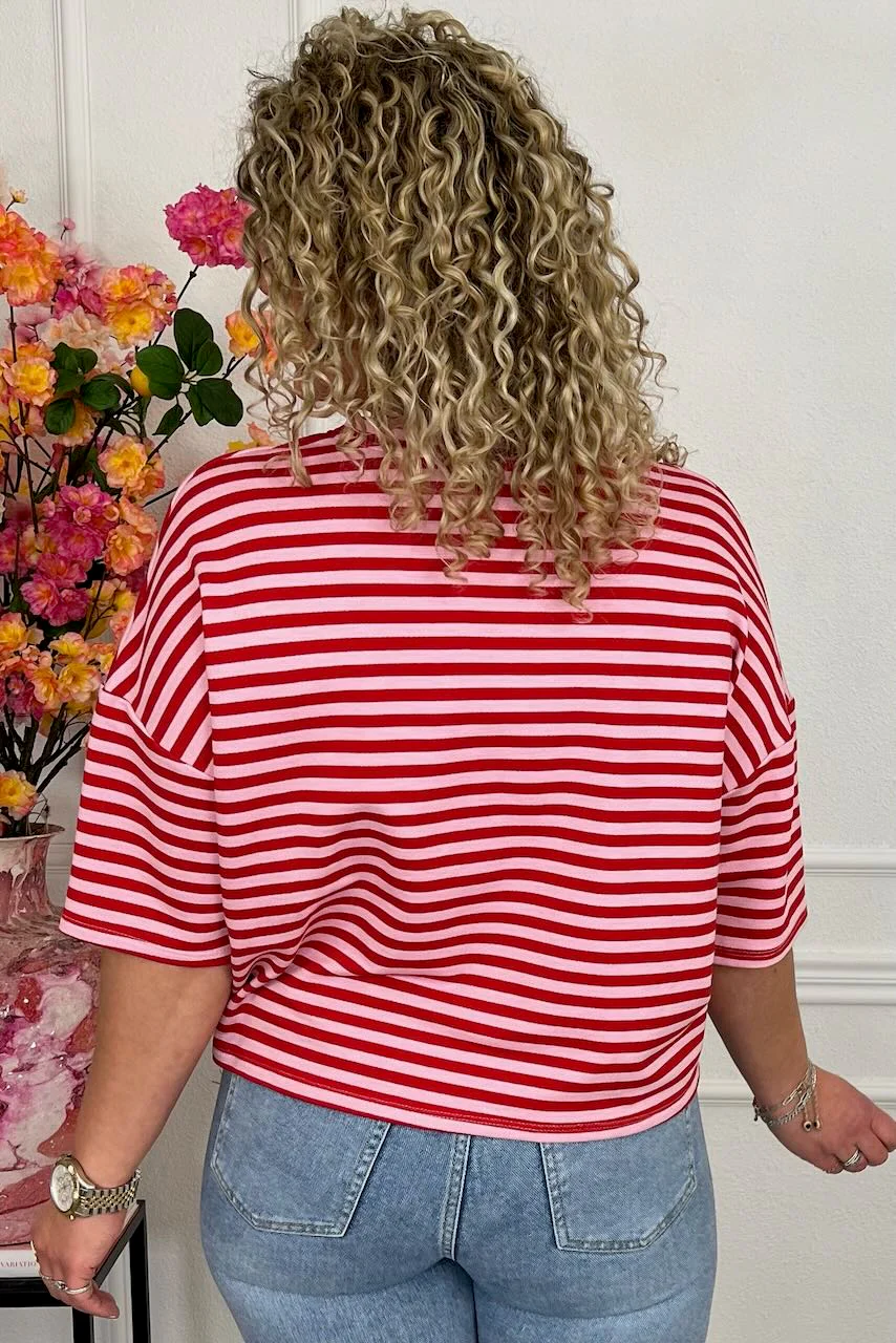 Perfect Short Sleeve Striped Sweater - Red/Pink - Image 3