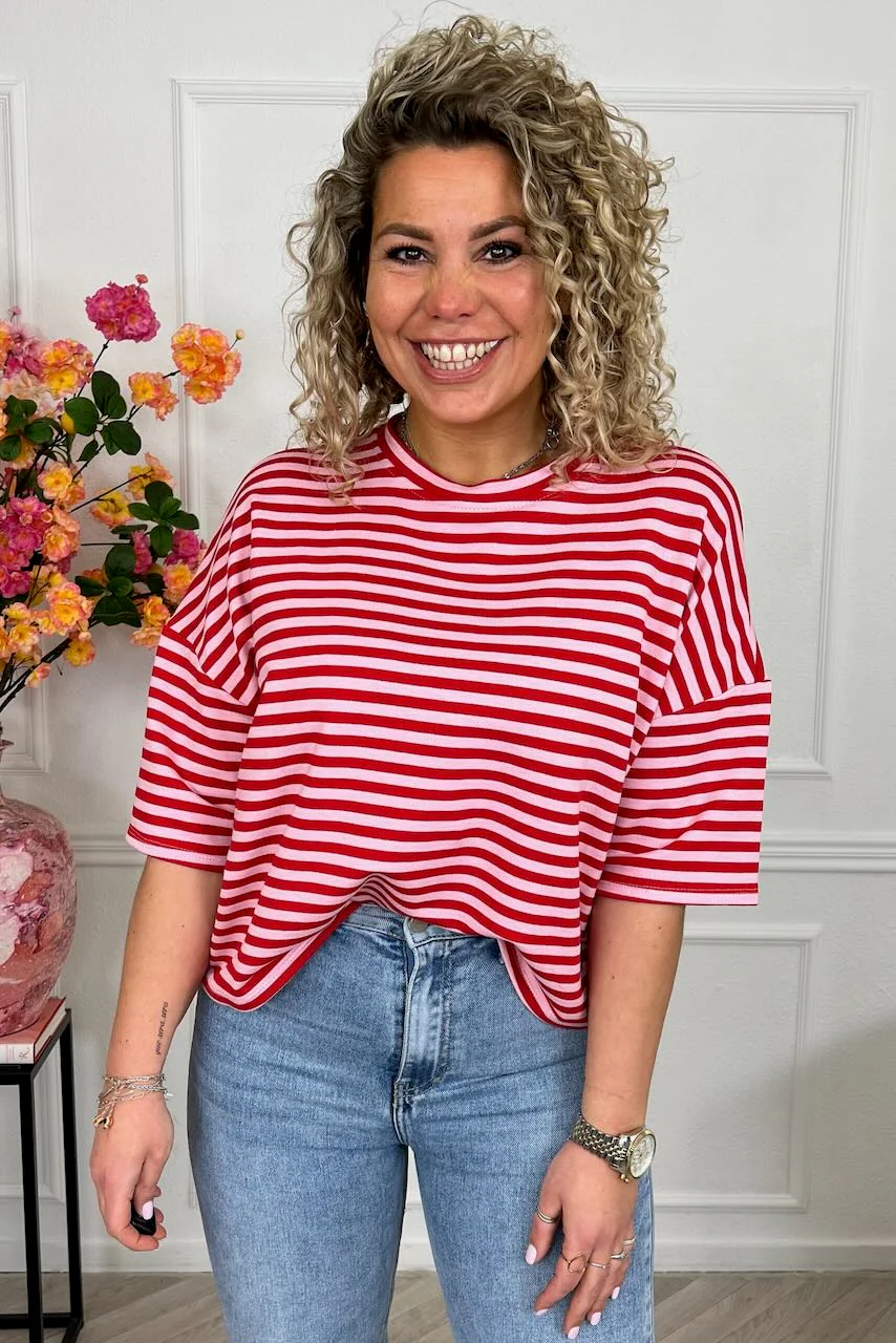 Perfect Short Sleeve Striped Sweater - Red/Pink - Image 4