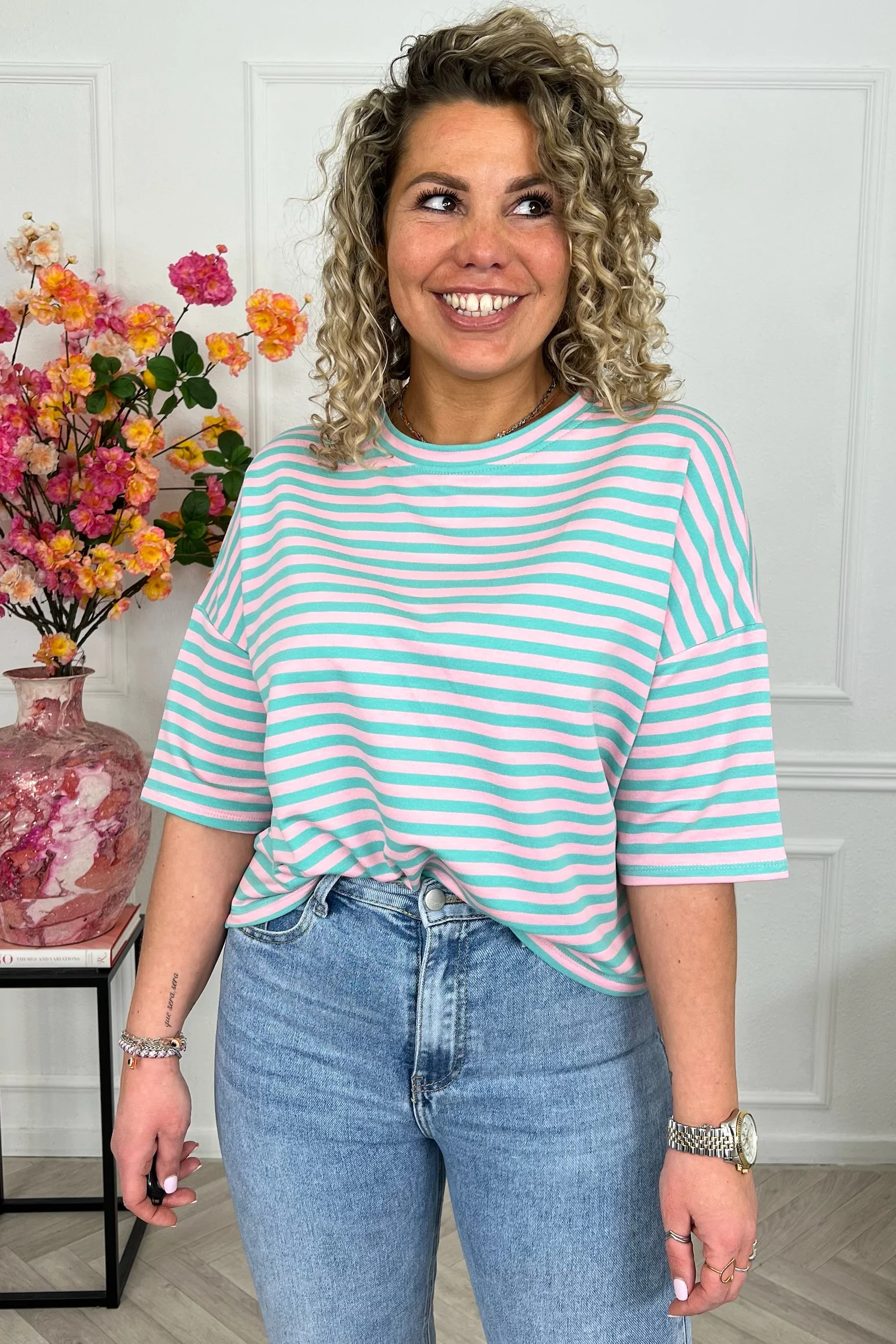 Perfect Short Sleeve Striped Sweater - Turquoise/Light Pink