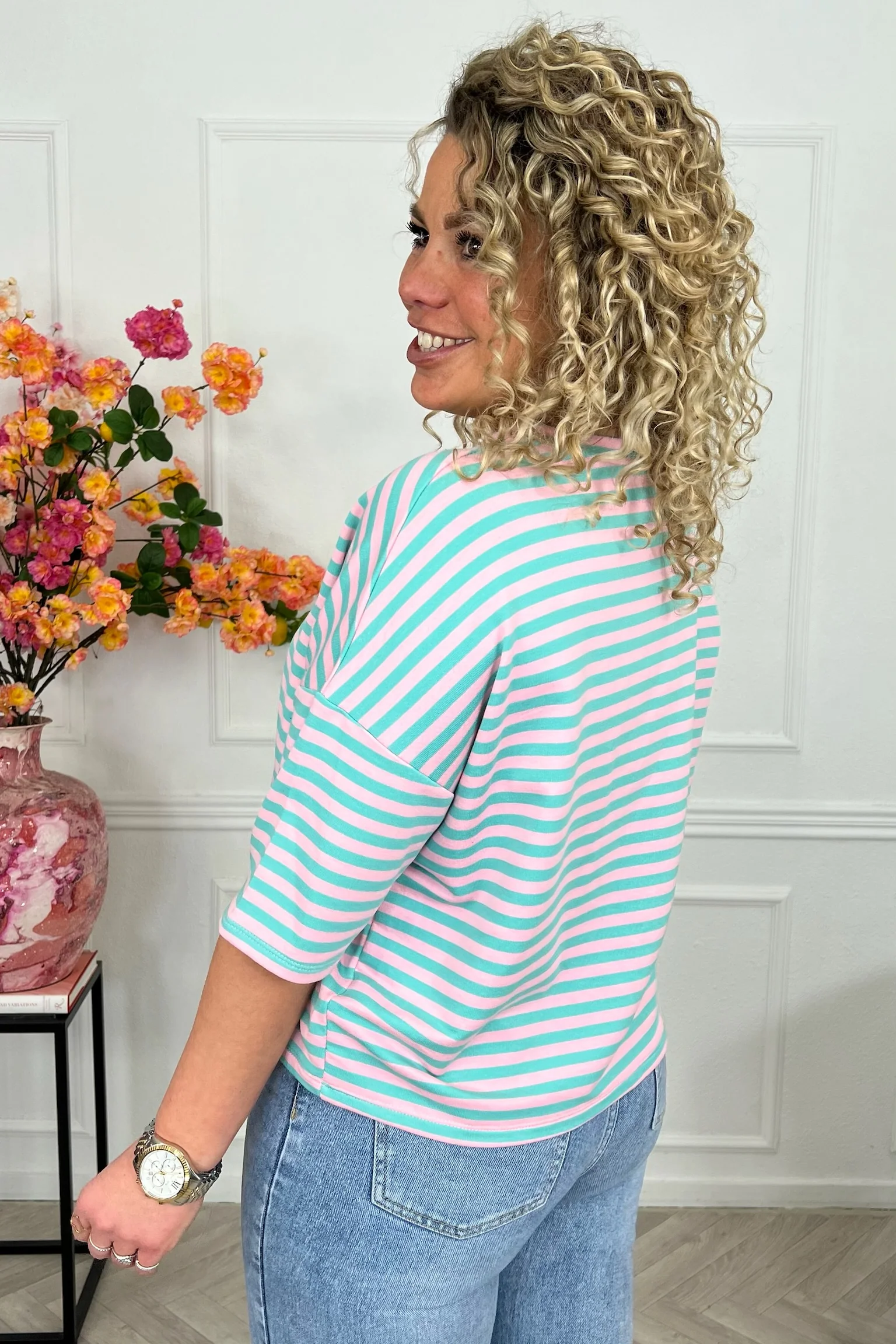 Perfect Short Sleeve Striped Sweater - Turquoise/Light Pink - Image 3