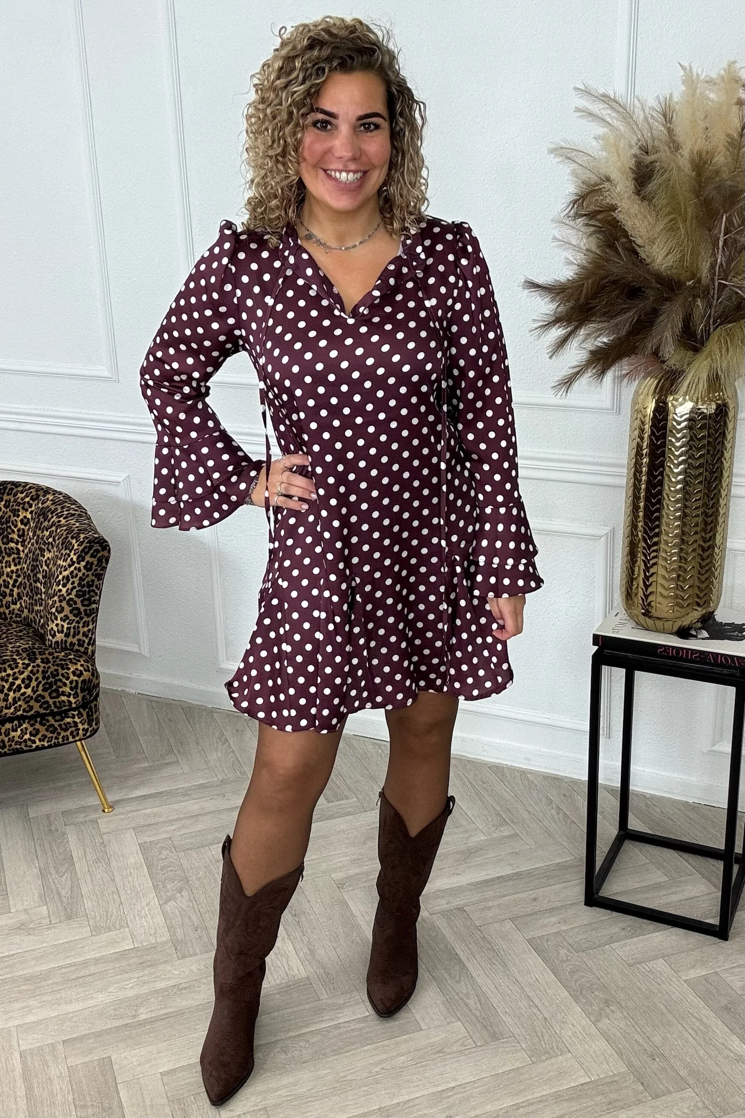 Perfect Silky Dotted Dress - Bordeaux/White - Image 2