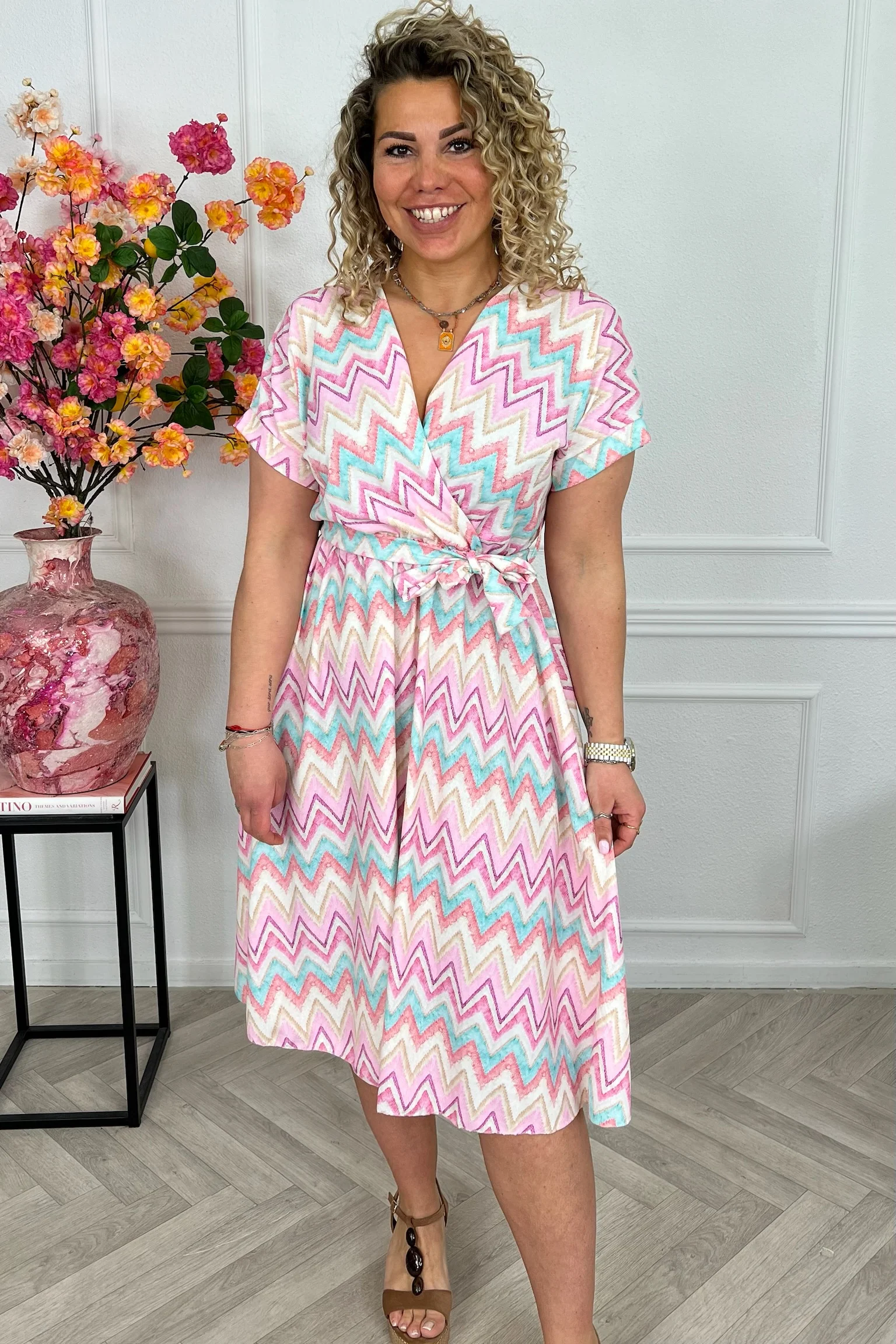 Perfect Summer Zigzag Dress - Pink/Beige