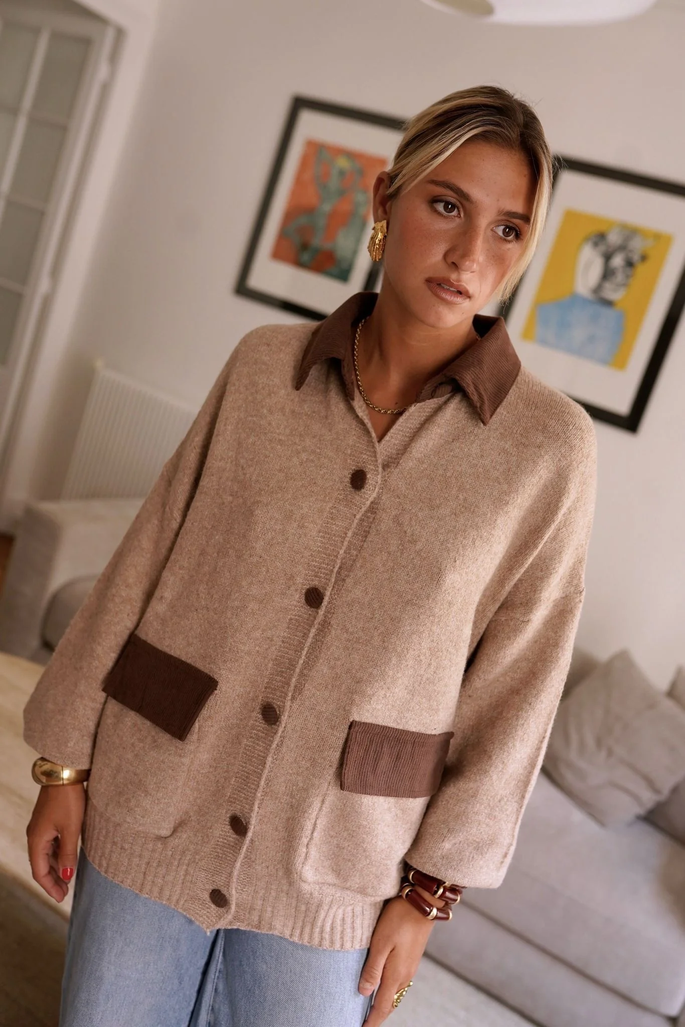 Pocket Button Up Cardigan - Brown