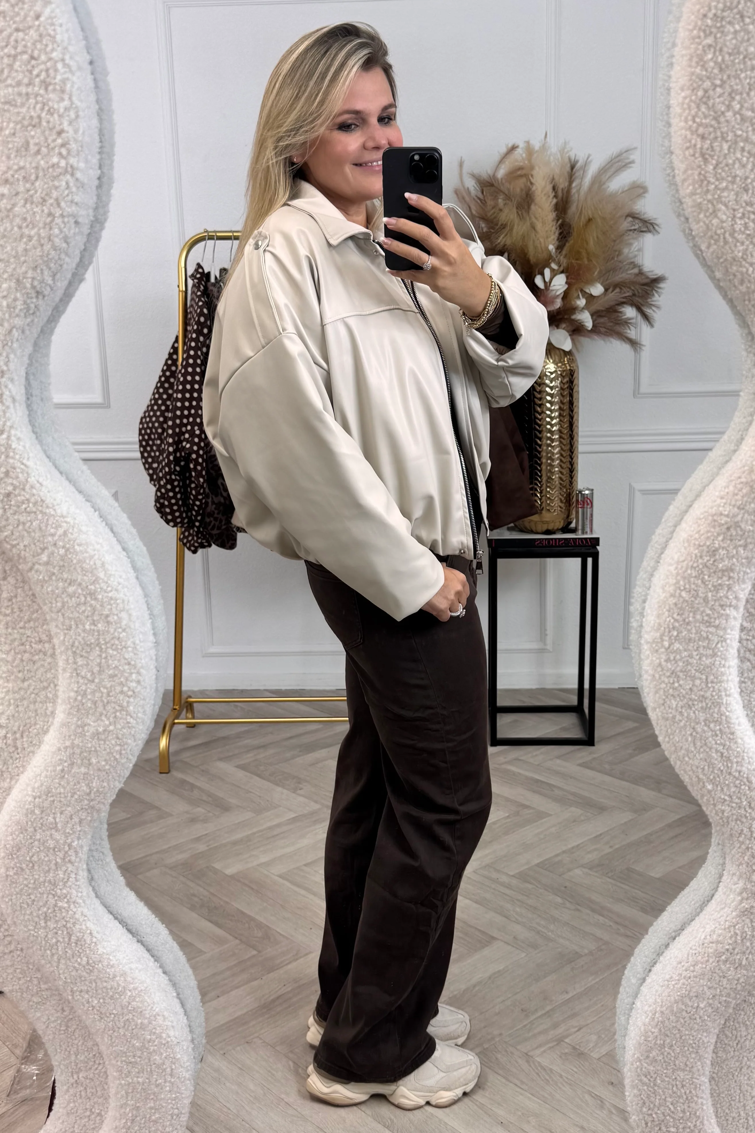 Puffy Leather Bomber Jacket - Off White - Image 2