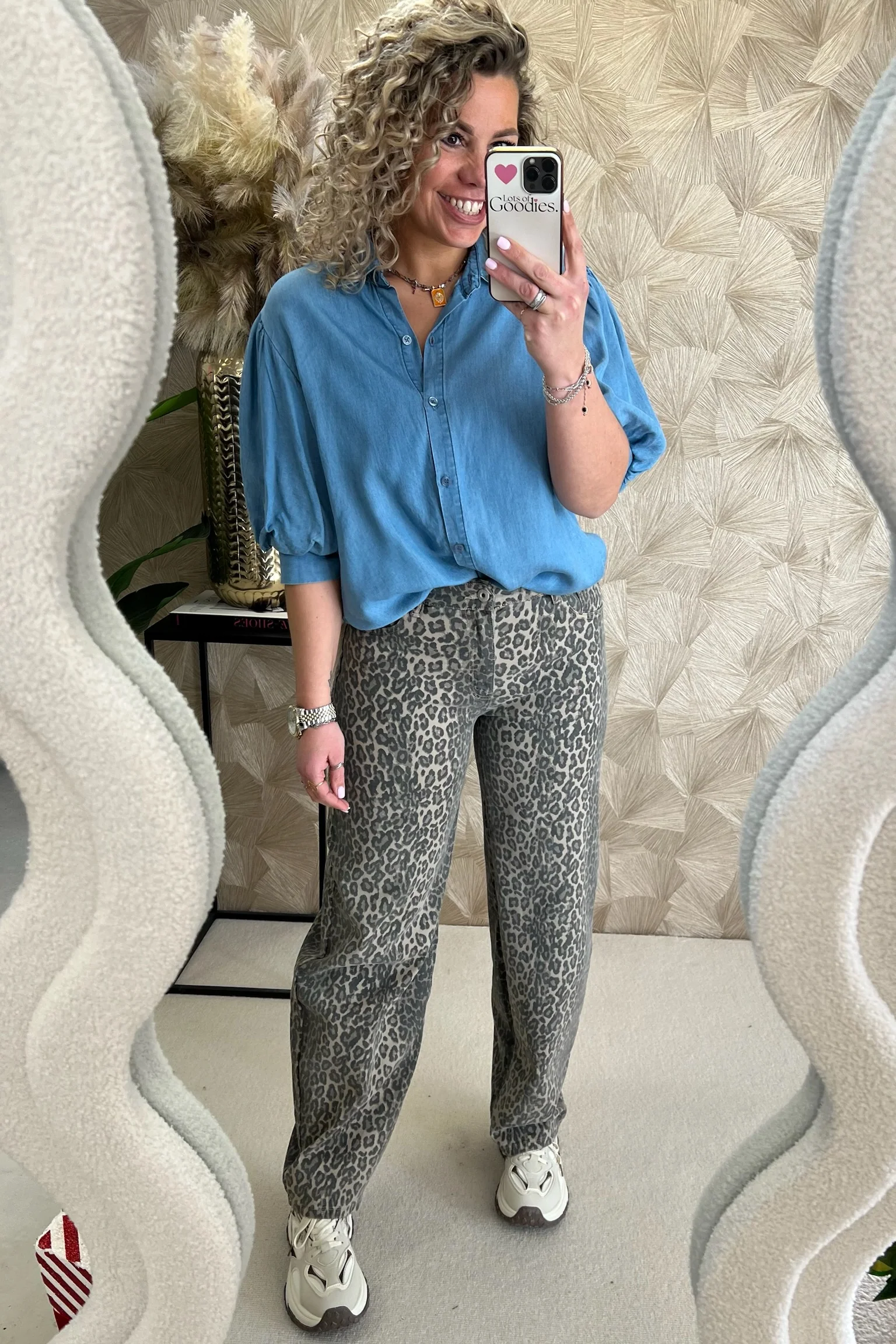 Puffy Sleeve Denim Blouse - Dark Blue - Image 2