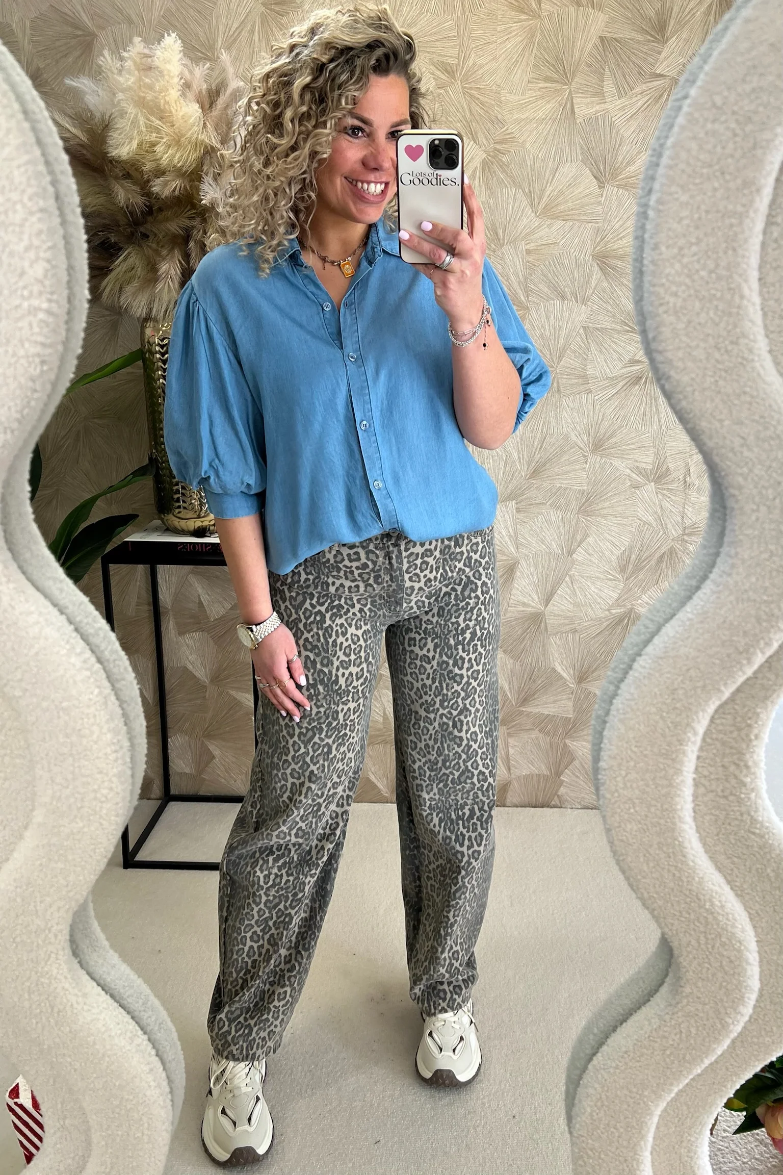 Puffy Sleeve Denim Blouse - Dark Blue - Image 3