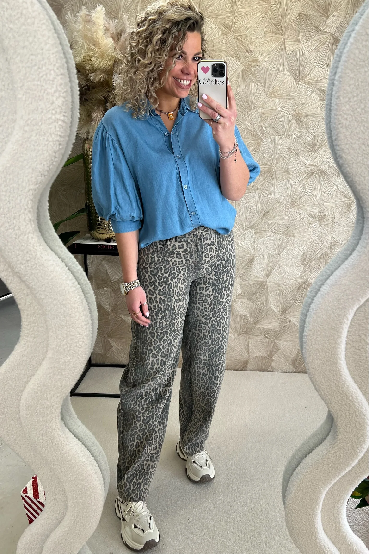 Puffy Sleeve Denim Blouse - Dark Blue - Image 4