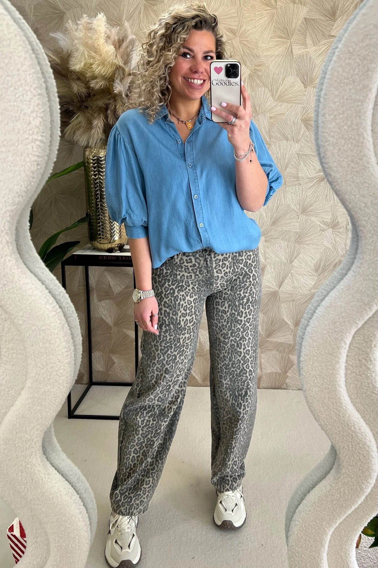Puffy Sleeve Denim Blouse - Dark Blue - Image 5