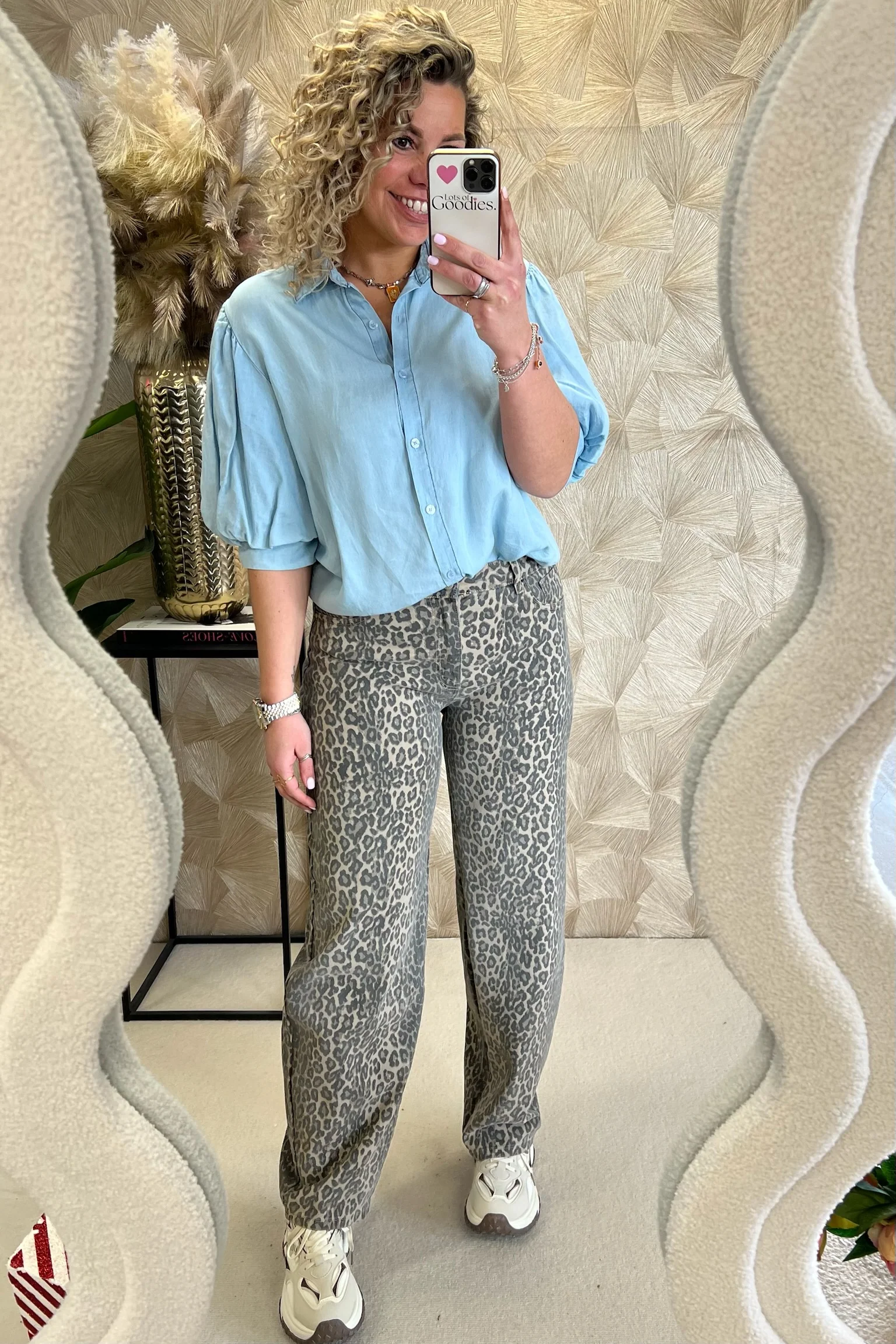 Puffy Sleeve Denim Blouse - Light Blue - Image 2