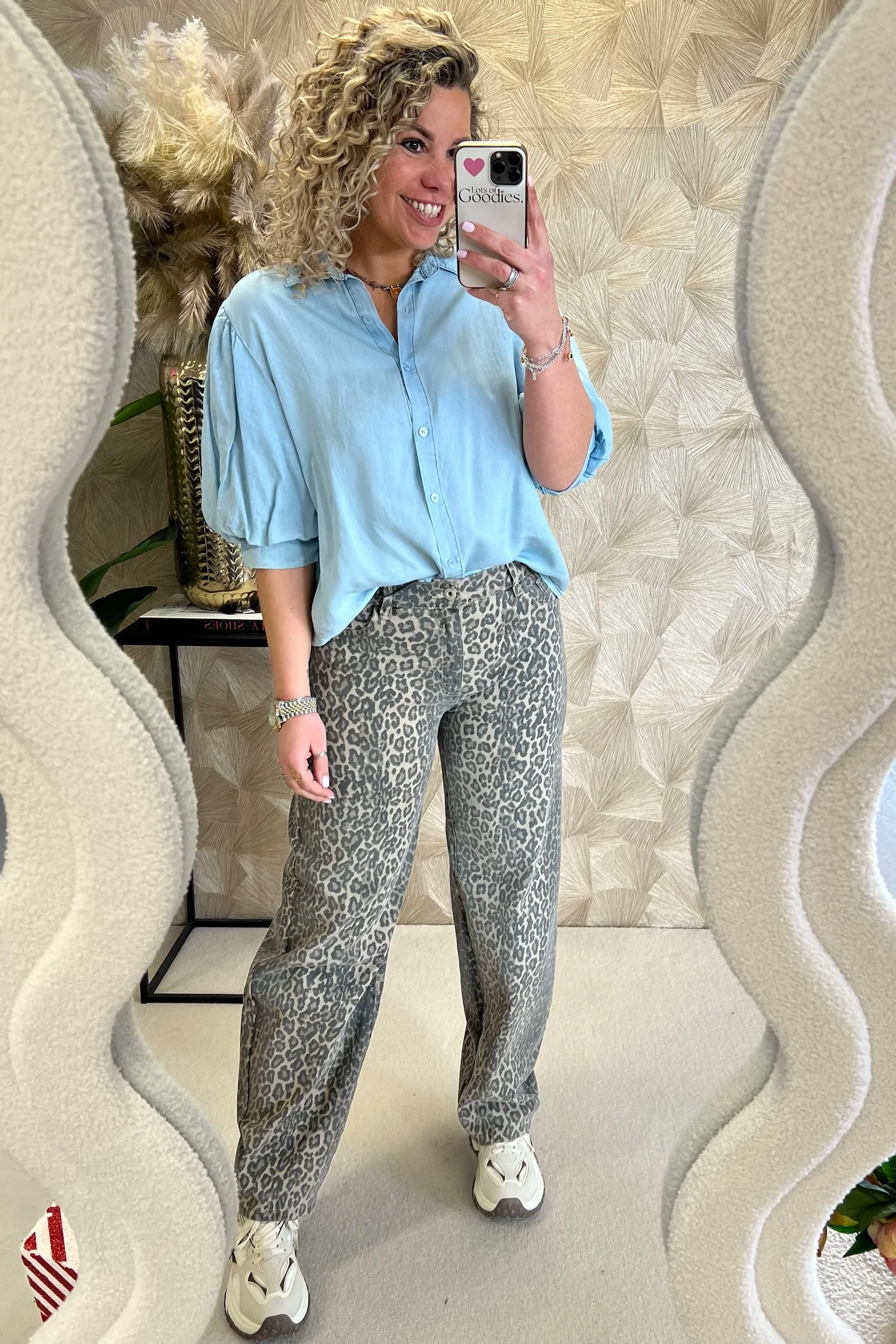 Puffy Sleeve Denim Blouse - Light Blue - Image 3