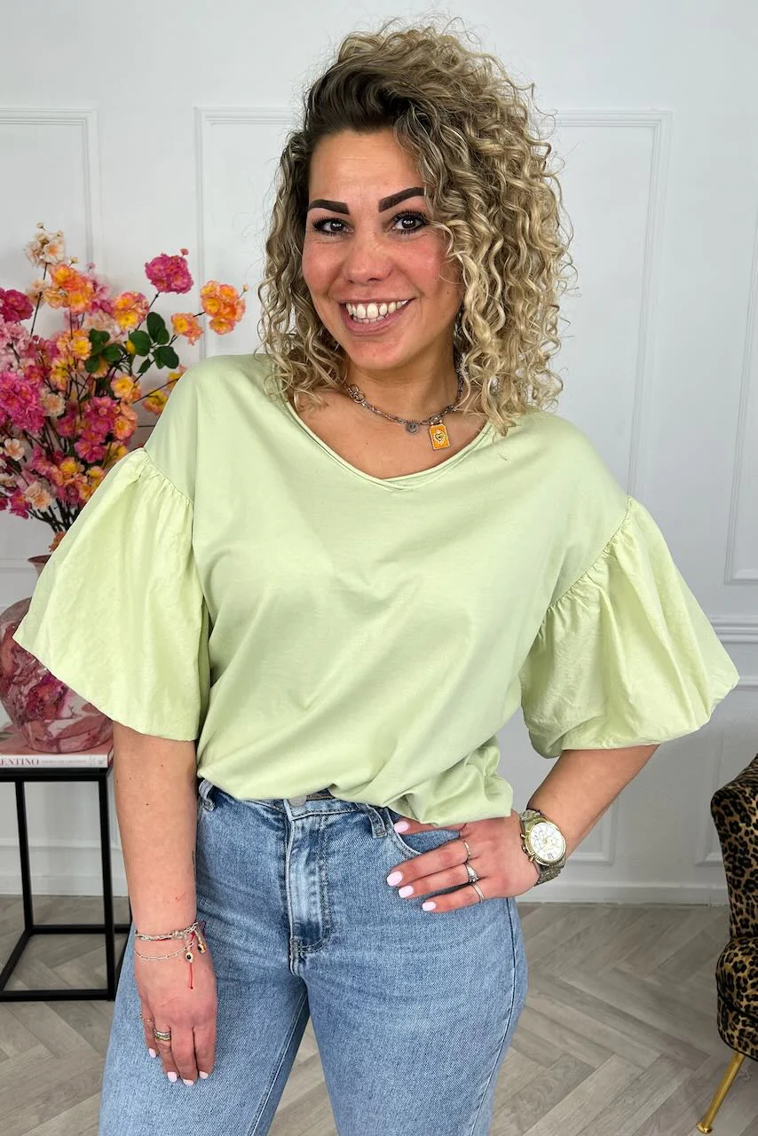 Puffy Sleeve Shirt - Light Green - Image 2