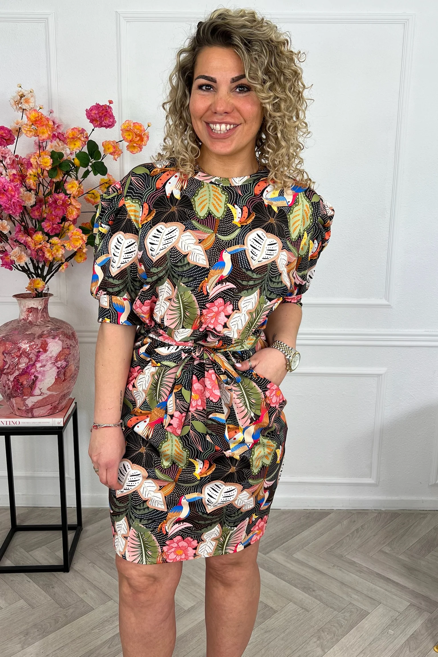 Puffy Sleeve Travel Dress - Tropical Black