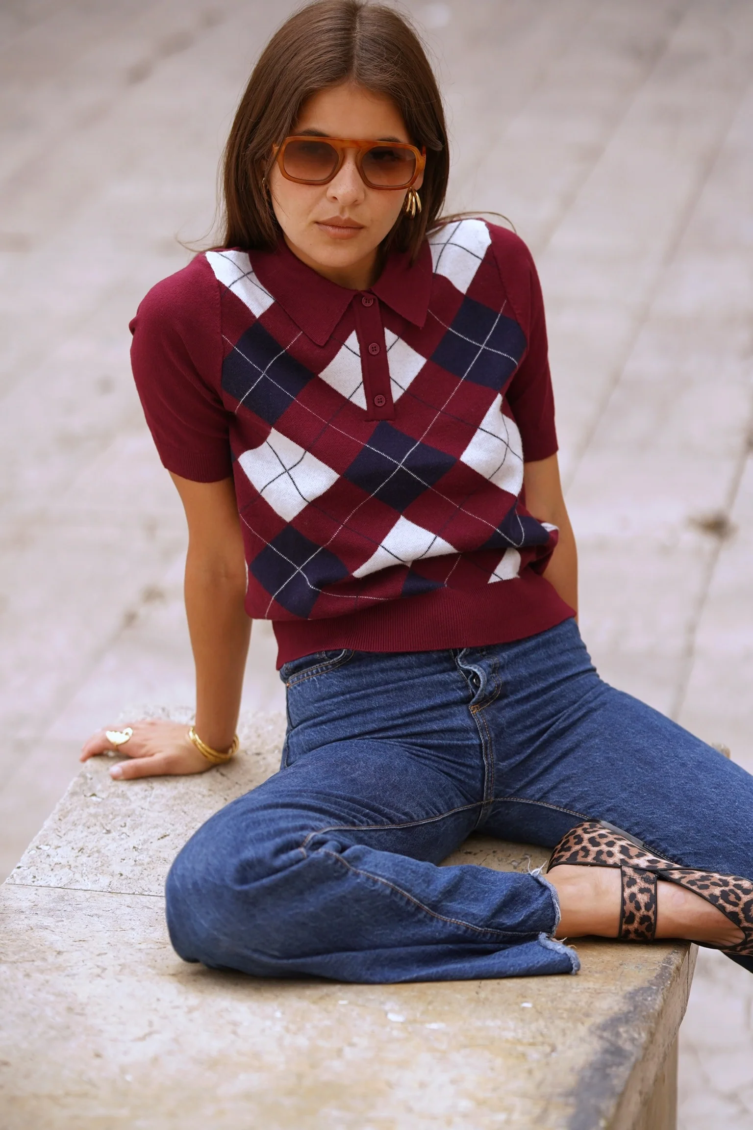 Renata Diamond Sweater - Bordeaux/White/Navy - Image 4