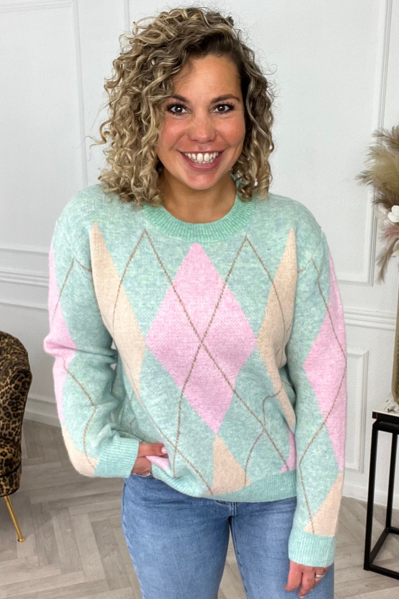 Rosalie Checkered Sweater - Green/Pink - Image 2