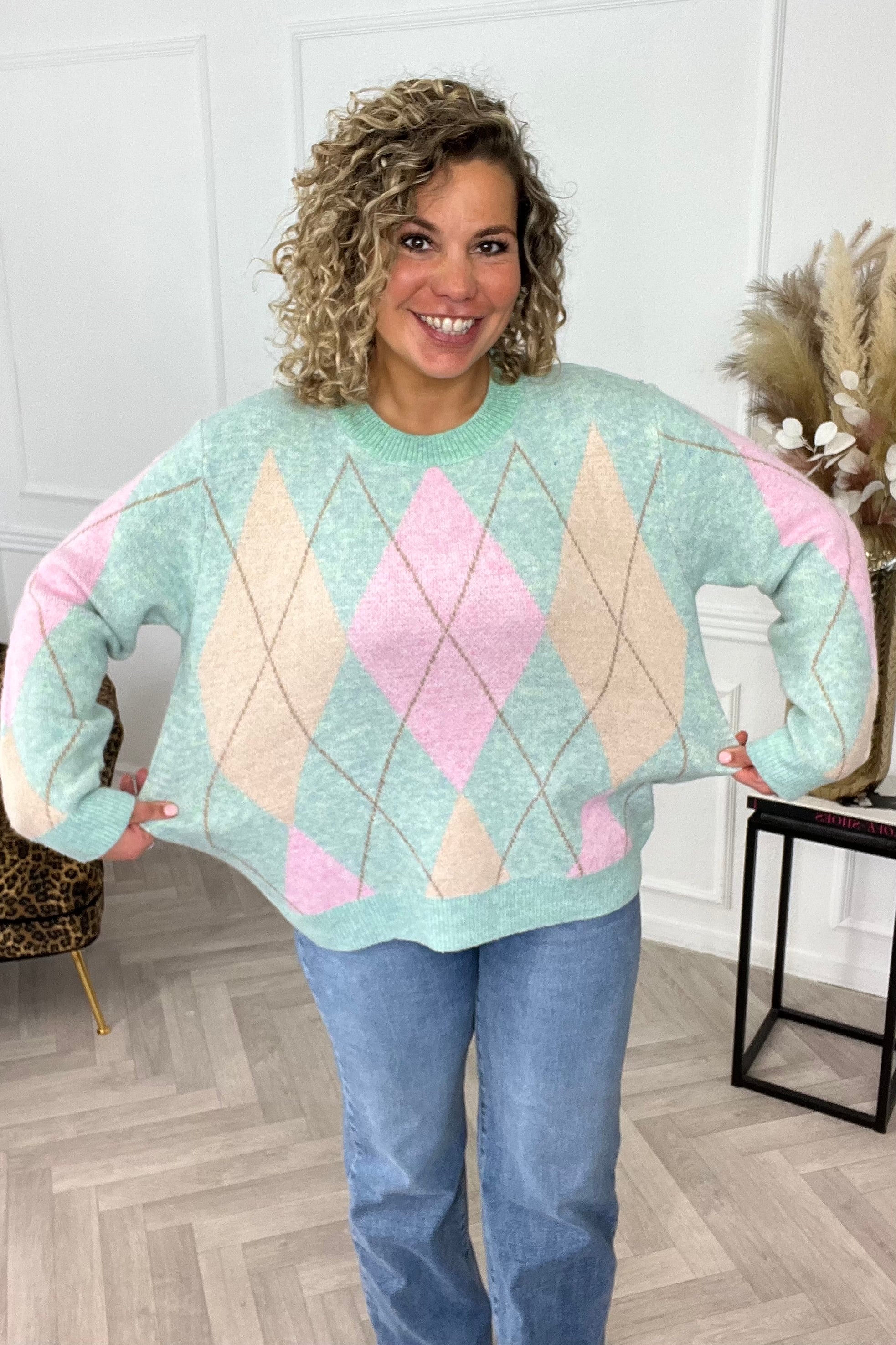 Rosalie Checkered Sweater - Green/Pink - Image 3