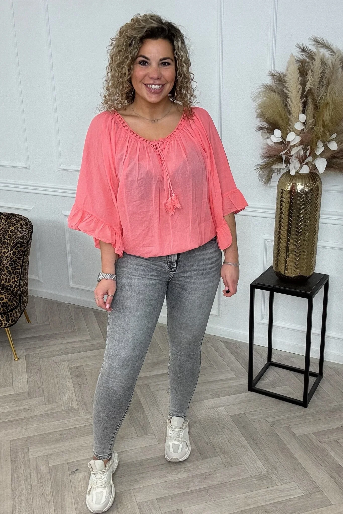 Ruffle Sleeve Blouse - Coral - Image 2
