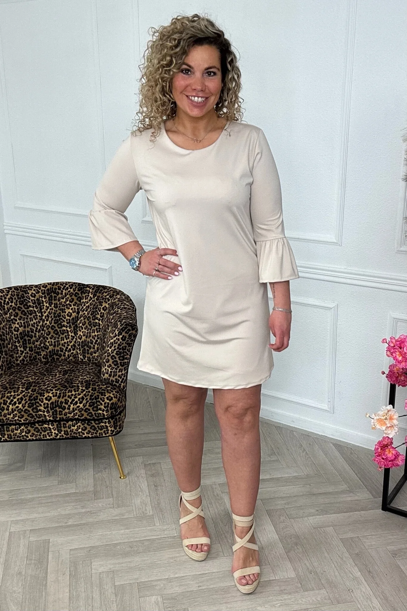 Ruffle Sleeve Travel Dress - Beige