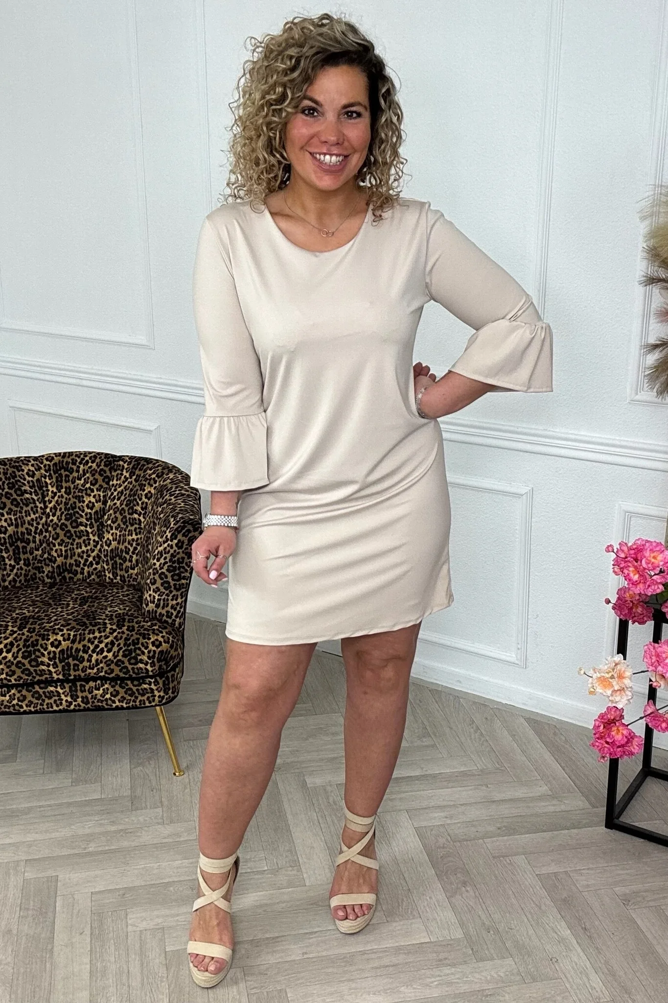 Ruffle Sleeve Travel Dress - Beige - Image 3