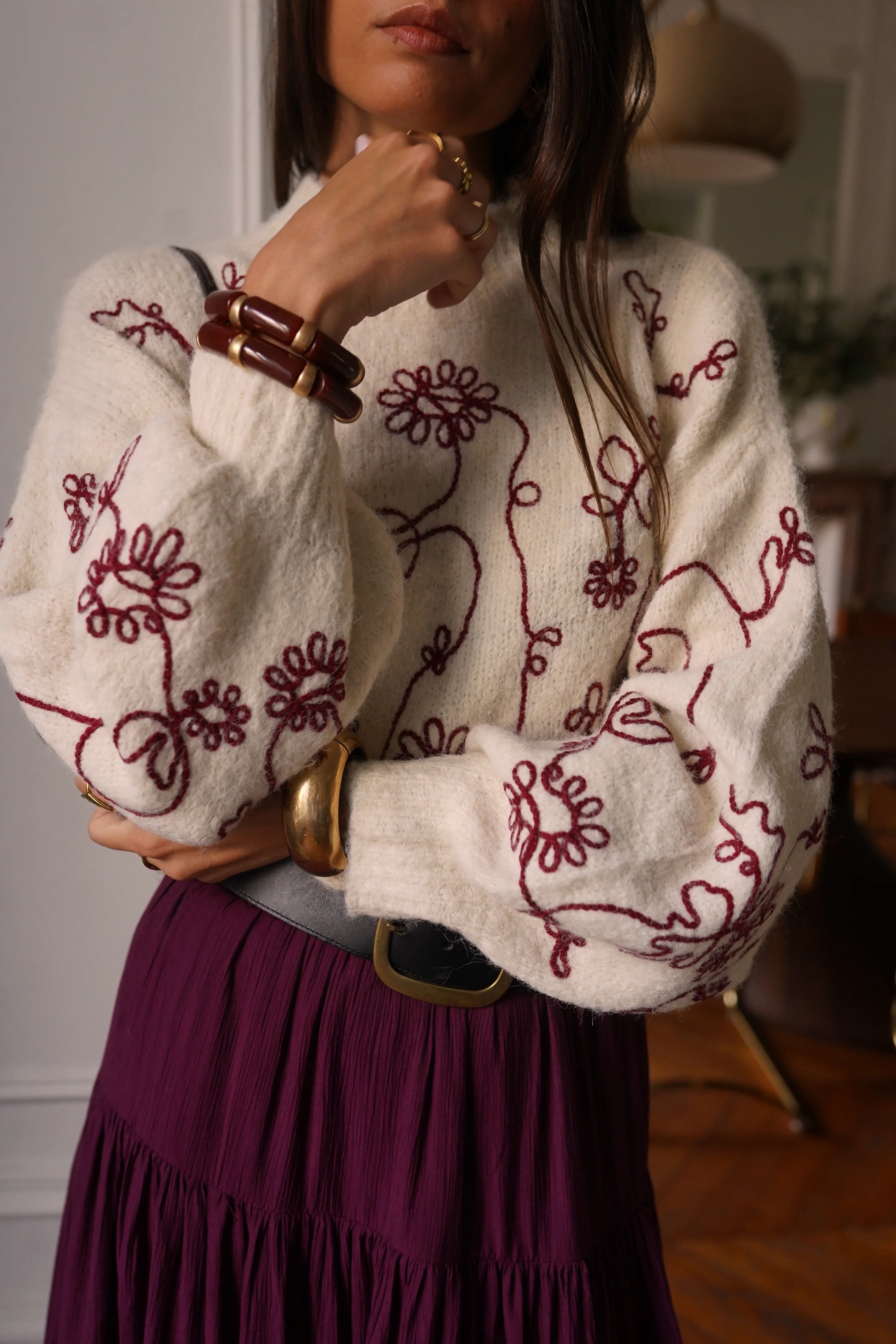 Sabine Flower Sweater - Beige/Bordeaux - Image 3