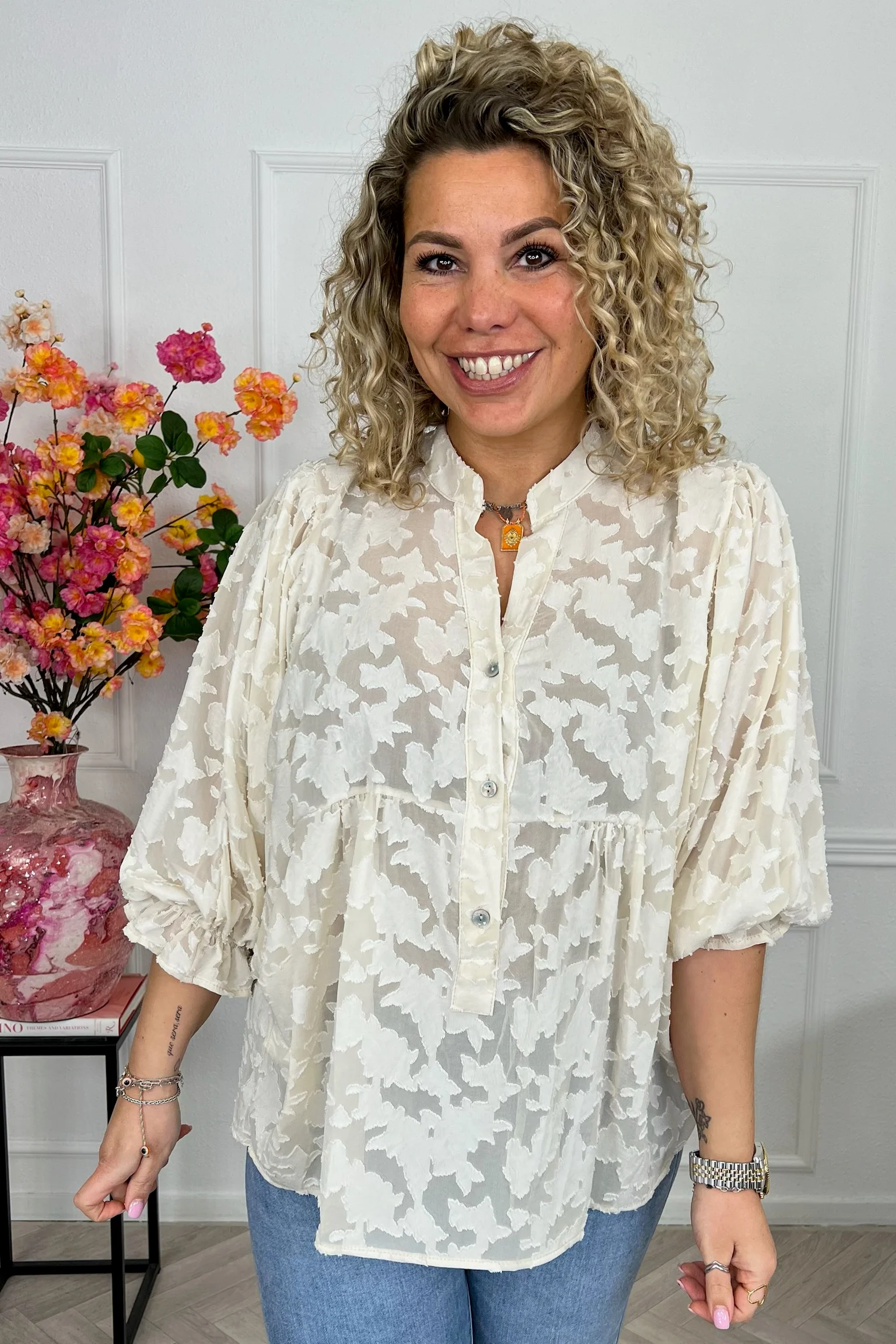 Sheer Leaves Blouse - Beige
