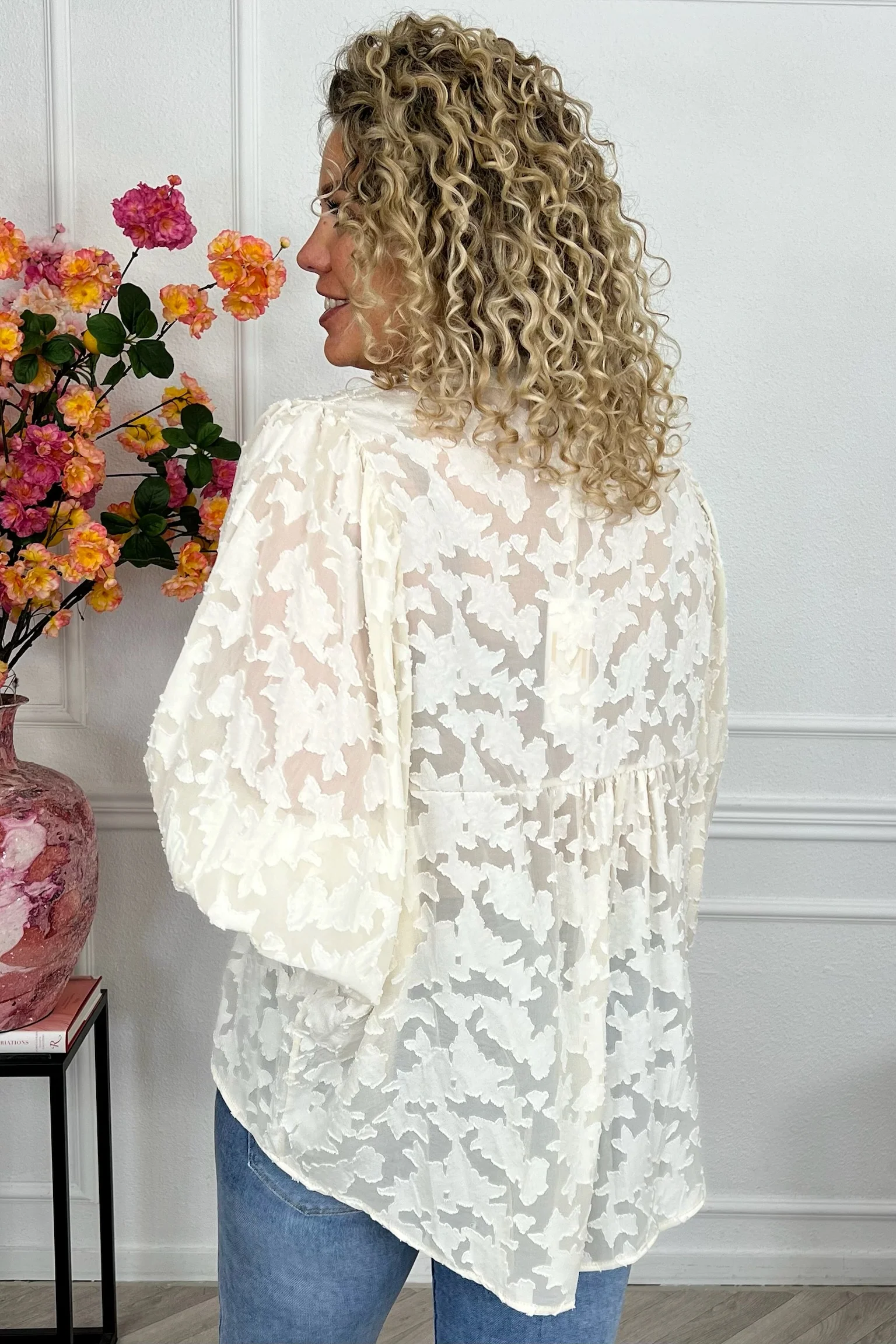 Sheer Leaves Blouse - Beige - Image 3