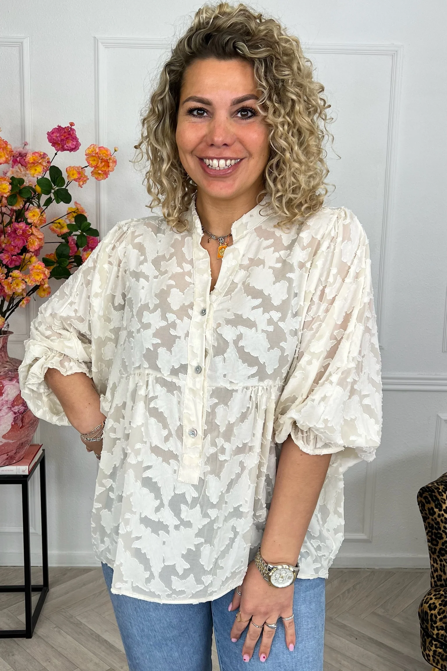 Sheer Leaves Blouse - Beige - Image 4