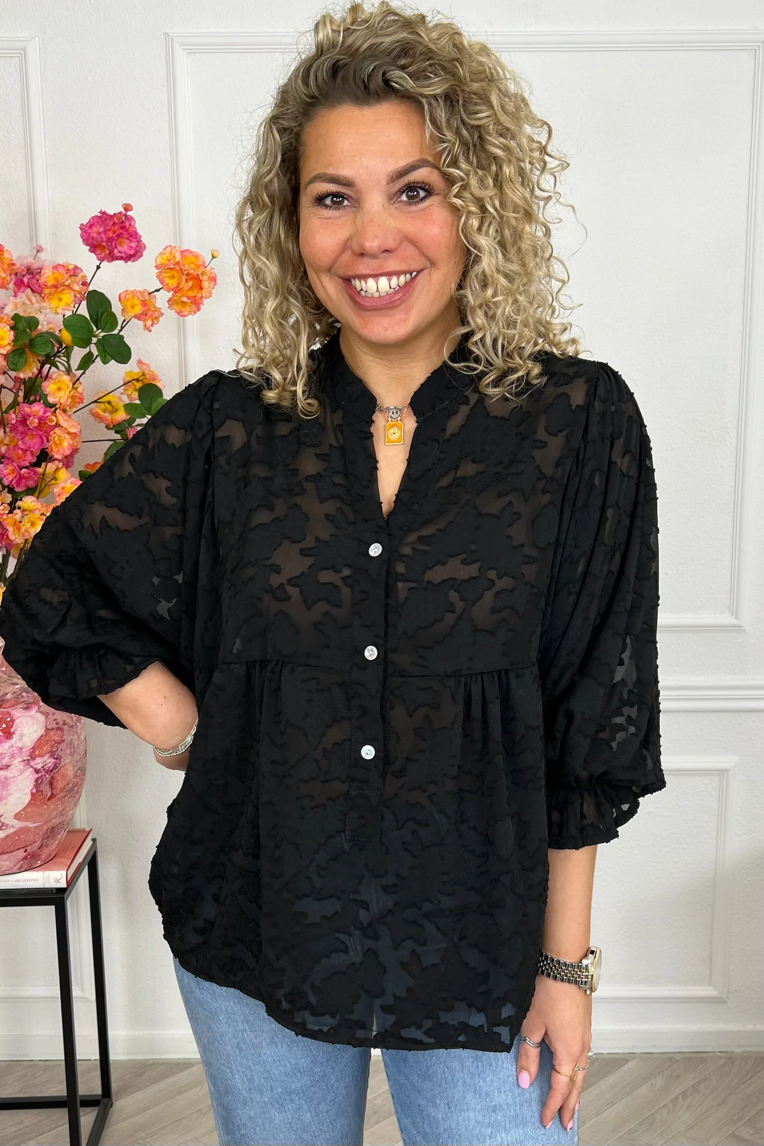 Sheer Leaves Blouse - Black - Image 3