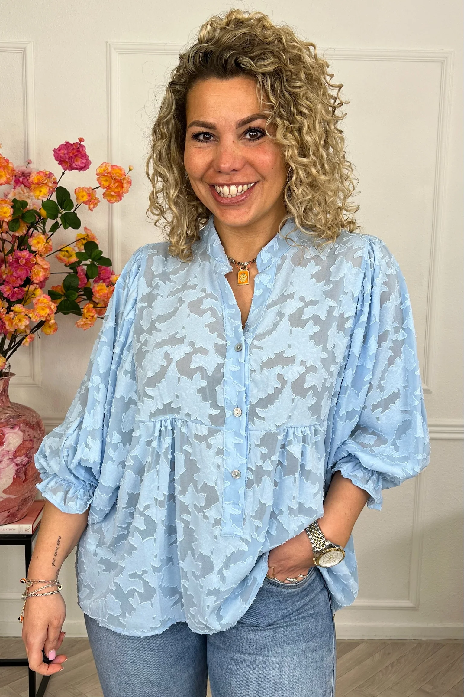 Sheer Leaves Blouse - Light Blue