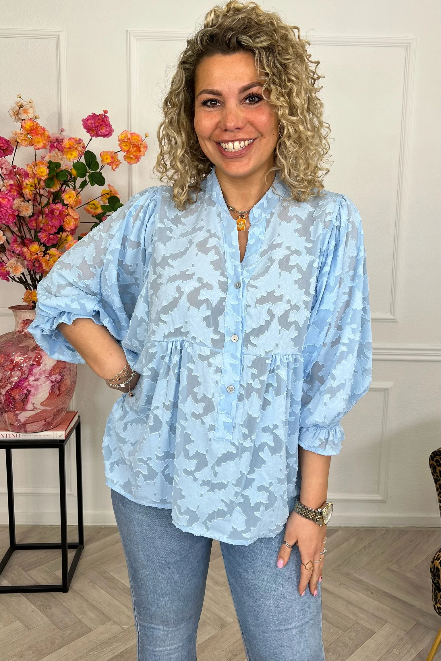Sheer Leaves Blouse - Light Blue - Image 3