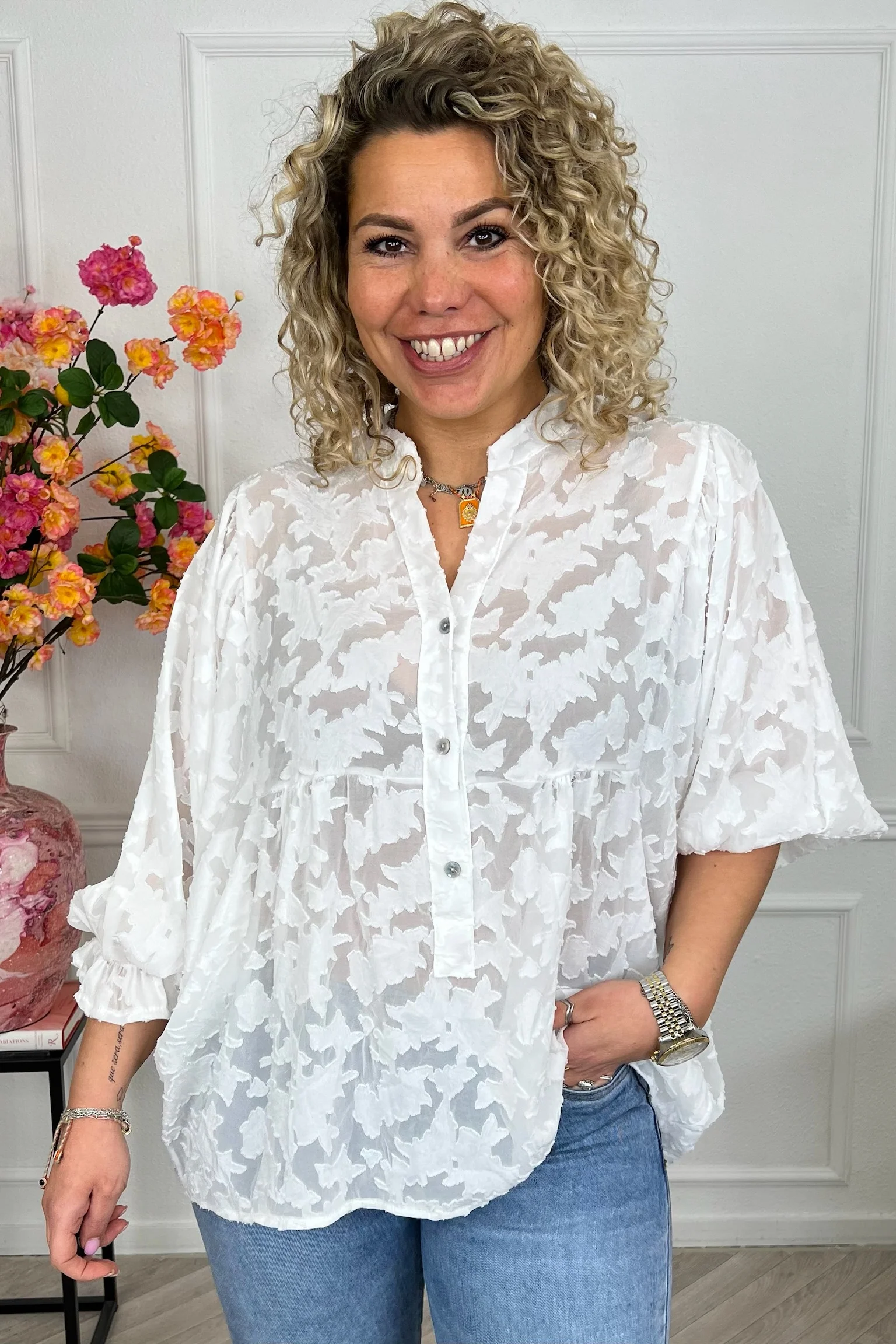 Sheer Leaves Blouse - White