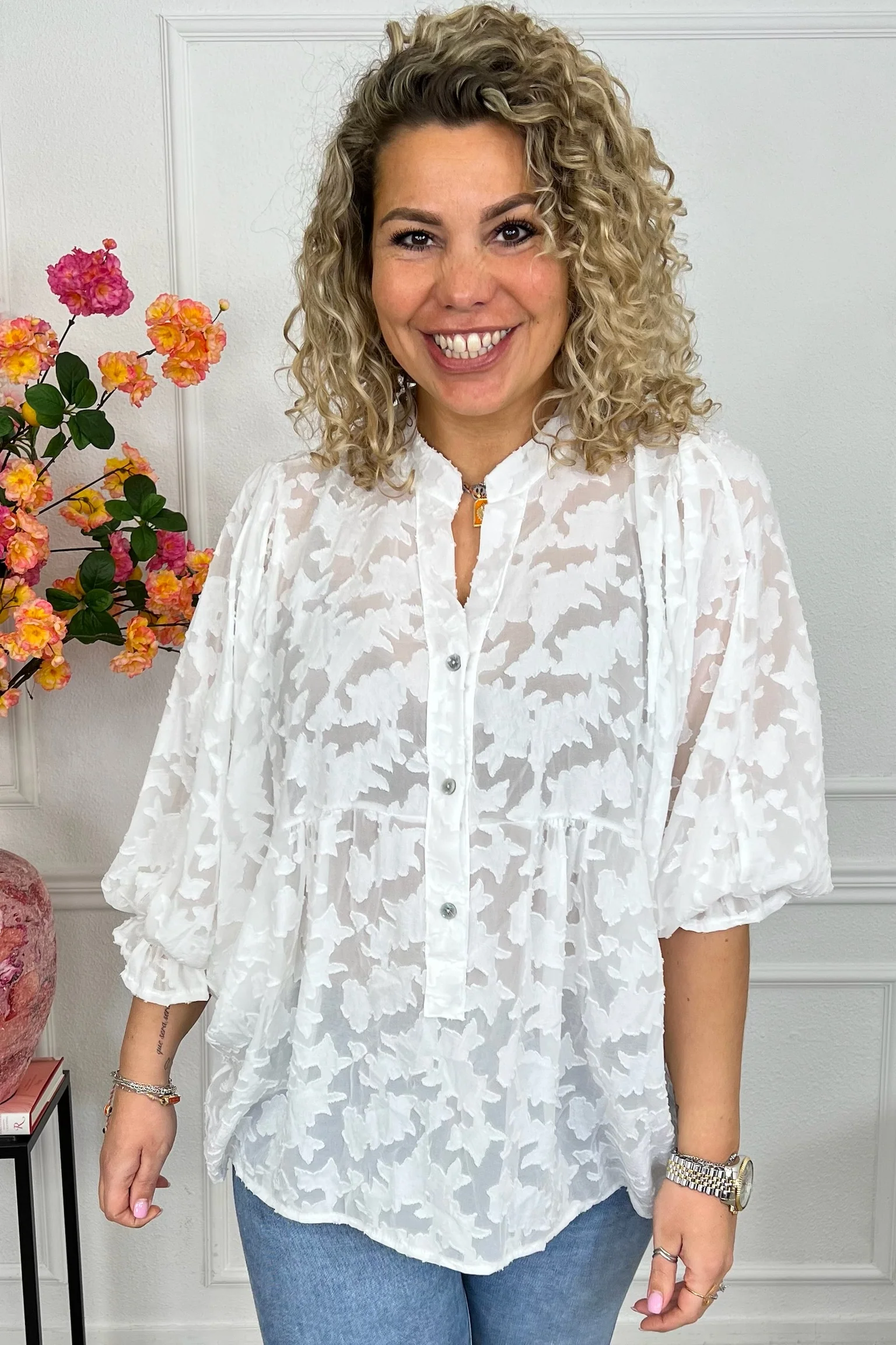 Sheer Leaves Blouse - White - Image 2