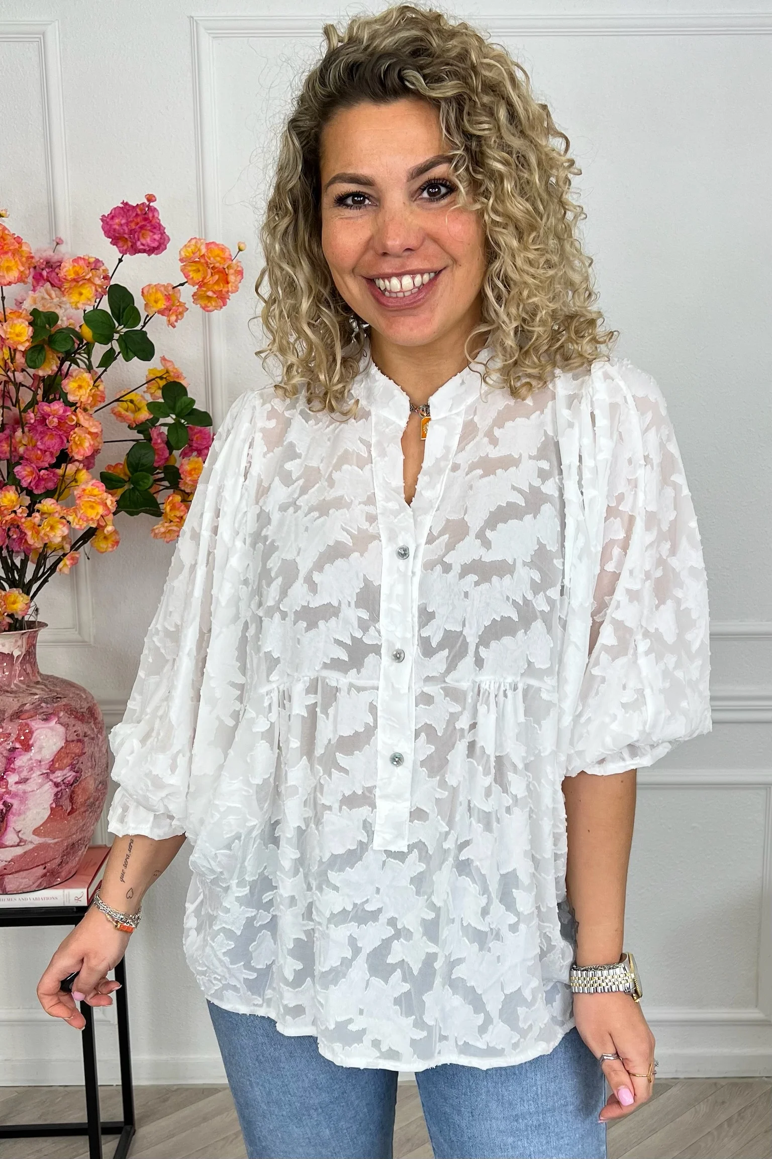 Sheer Leaves Blouse - White - Image 3