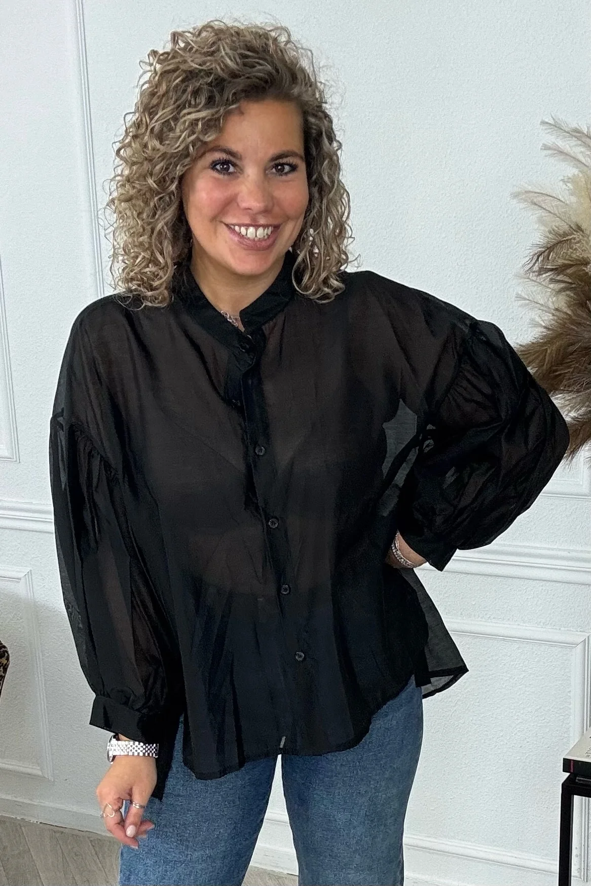 Sheer Balloon Sleeve Blouse - Black - Image 2