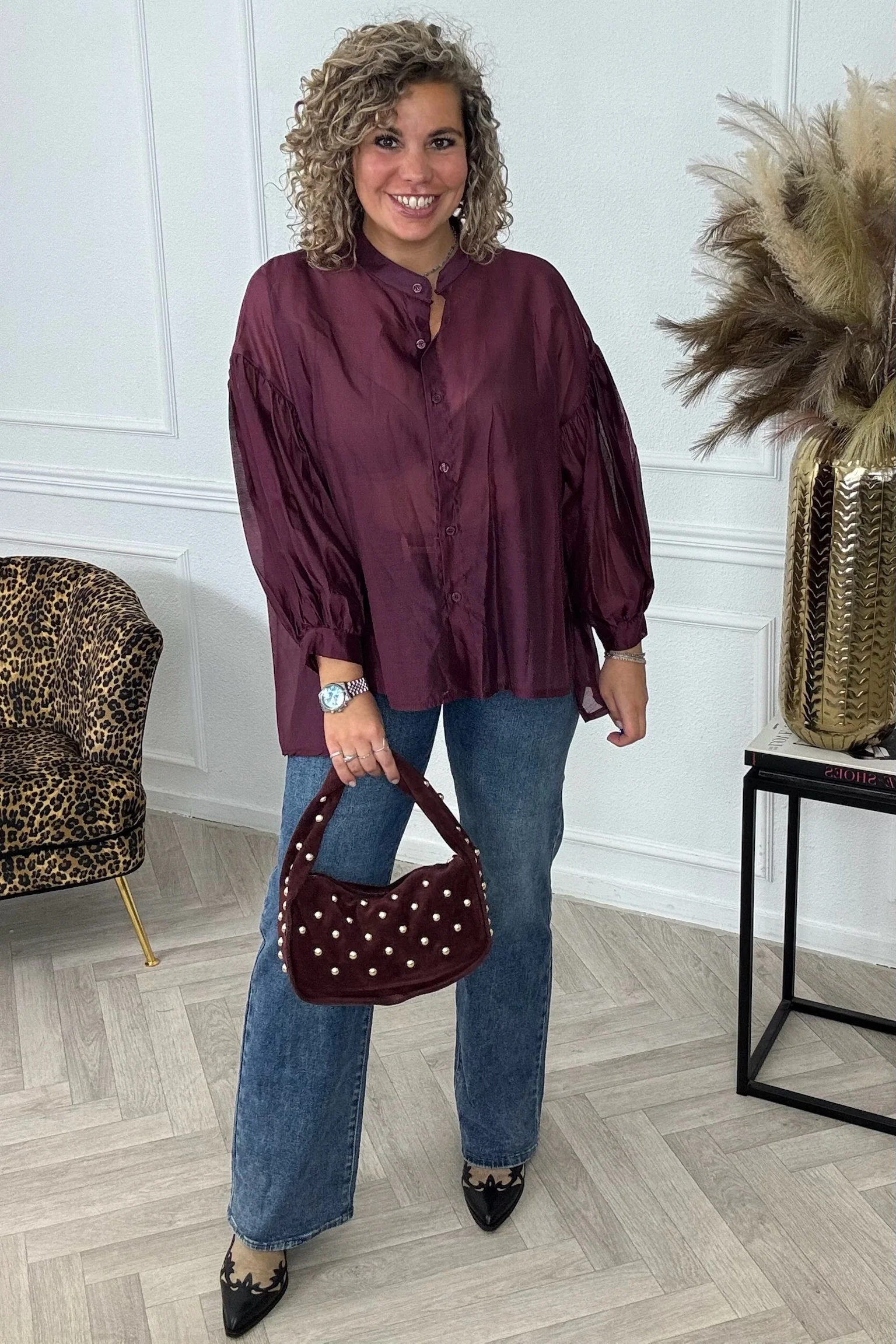 Sheer Balloon Sleeve Blouse - Bordeaux - Image 2