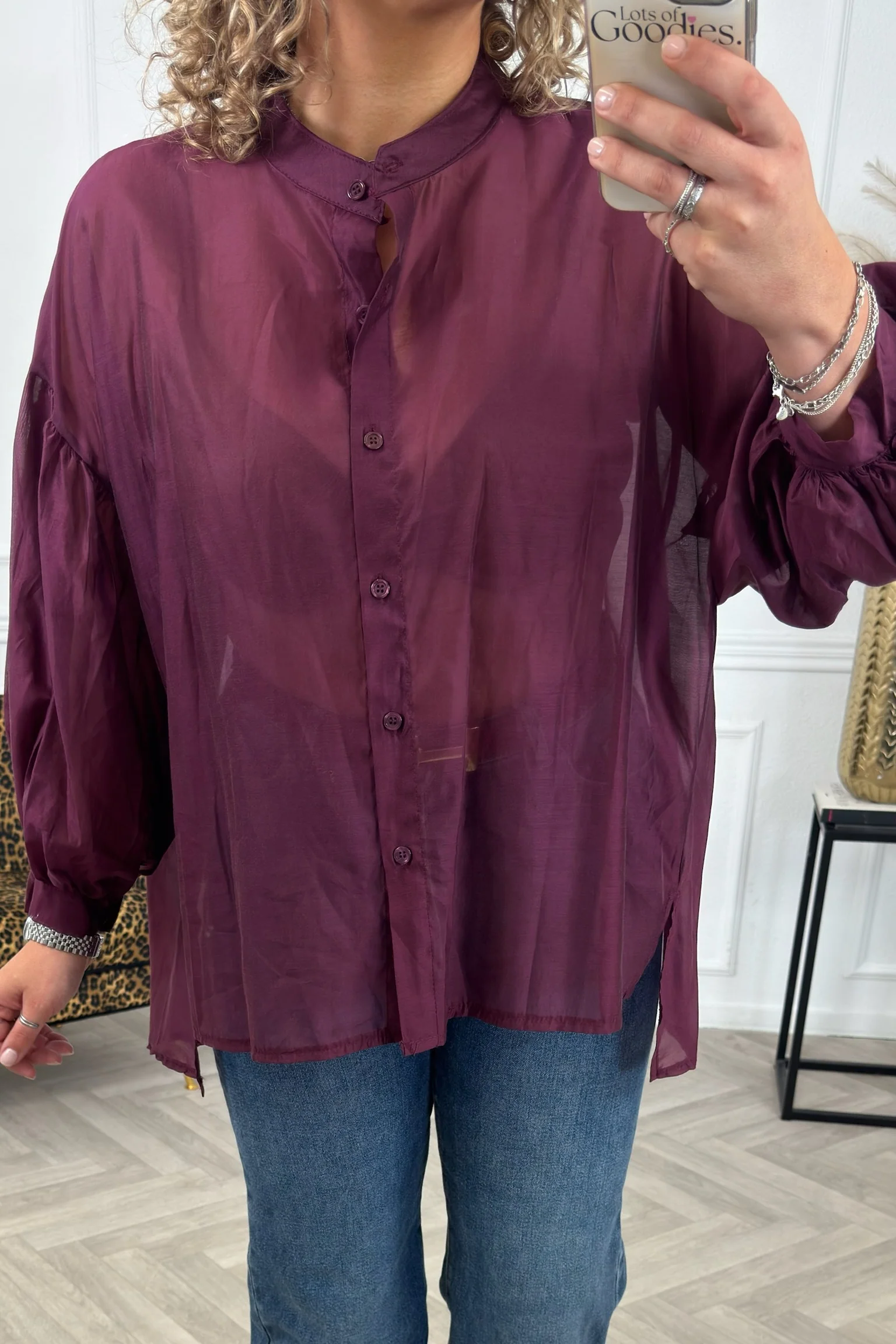 Sheer Balloon Sleeve Blouse - Bordeaux - Image 3
