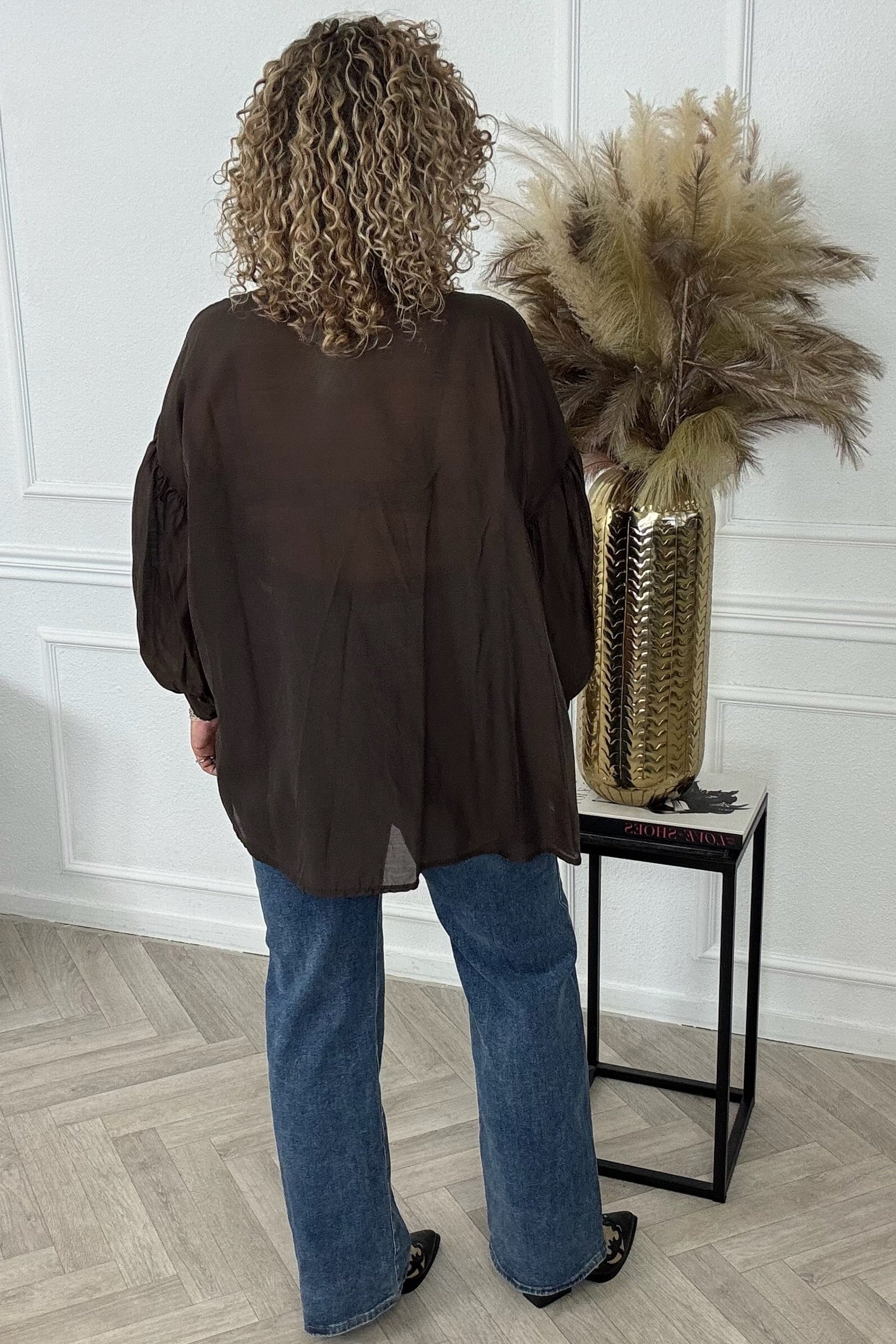 Sheer Balloon Sleeve Blouse - Brown - Image 2
